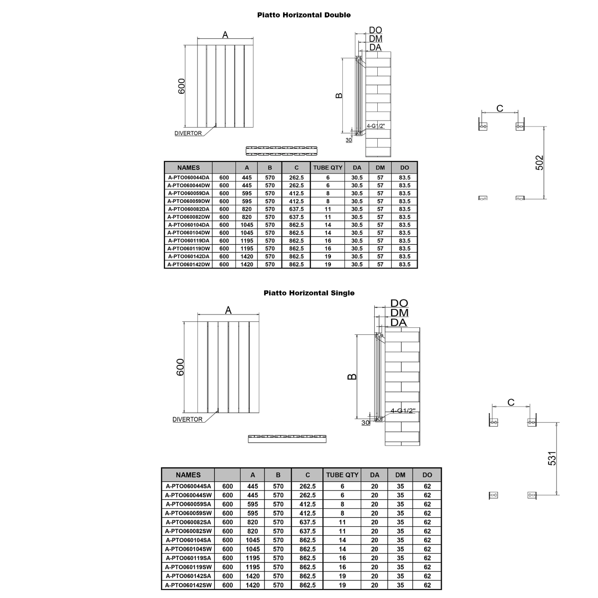 Reina Piatto Horizontal Double White Designer Radiator - technical drawing with dimensions