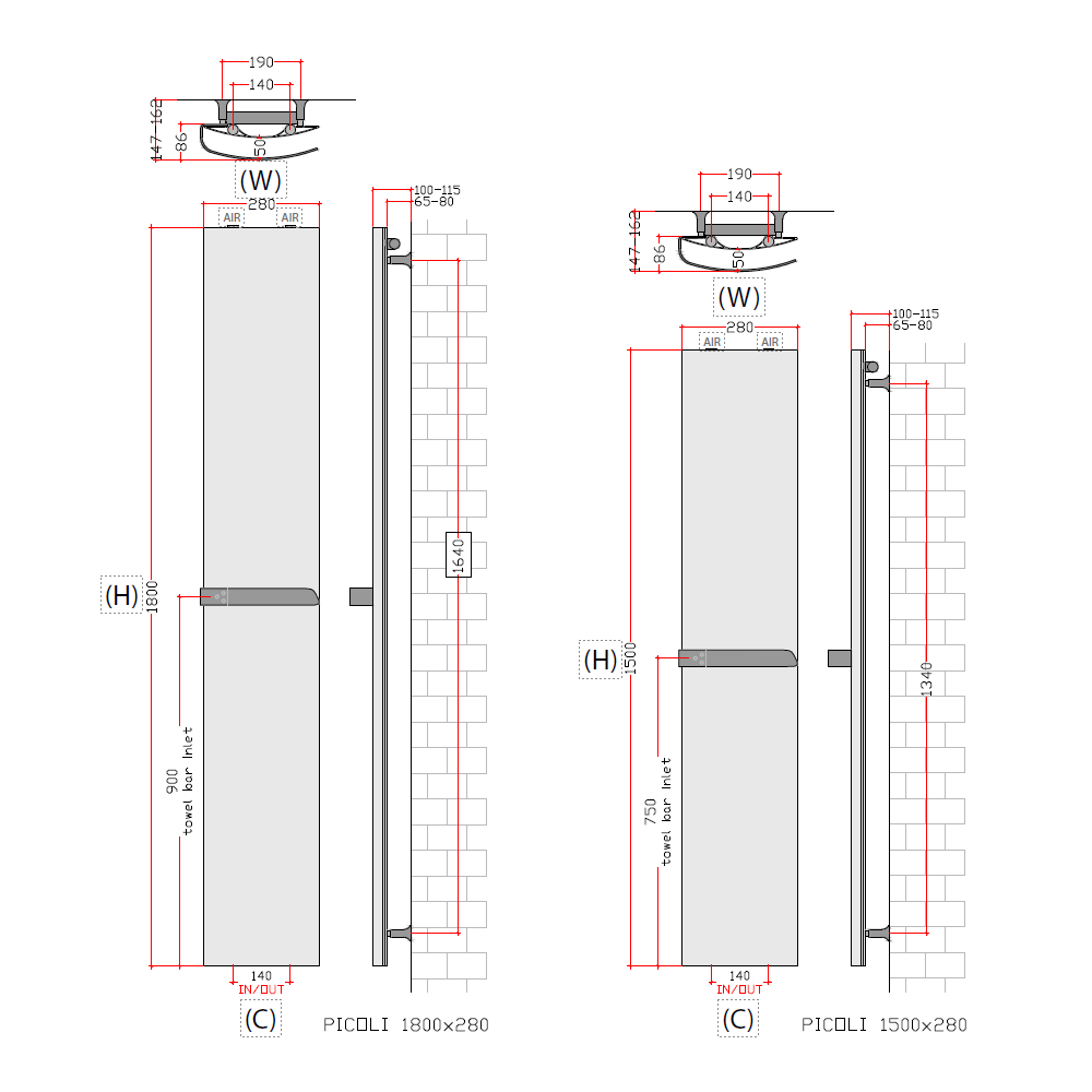 Reina Picoli Black Designer Radiator - technical drawing with dimensions