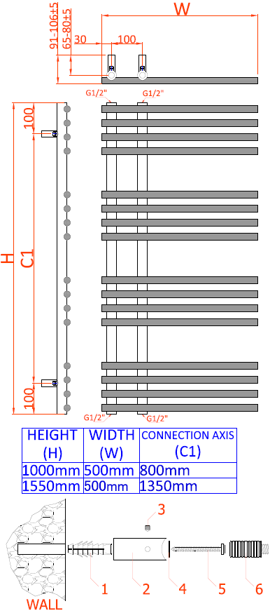 Reina Elisa Chrome Heated Towel Rail - technical drawing with dimensions