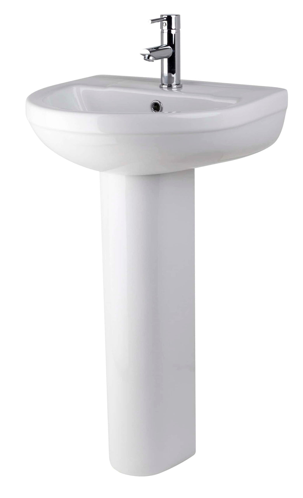 Sleek white bathroom washbasin with chrome faucet on pedestal, modern sink for bathroom renovations.