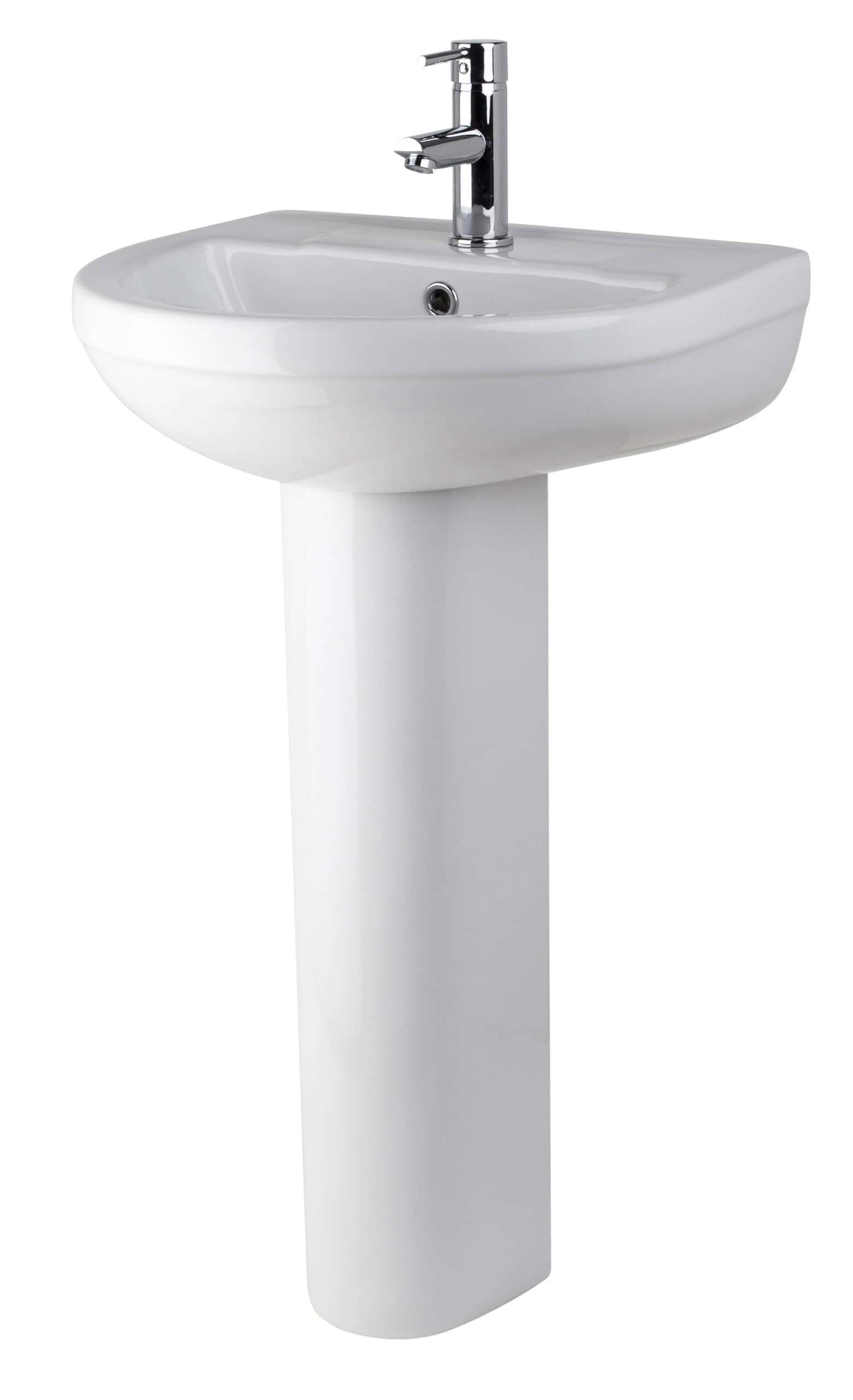 Sleek white bathroom washbasin with chrome faucet on pedestal, modern sink for bathroom renovations.