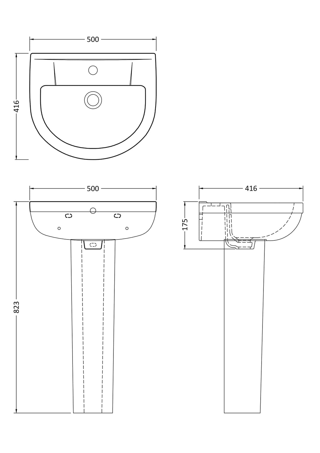 High-quality bathroom sink and pedestal from Bubly Bathrooms featuring modern design and precision measurements for custom bathroom installations.