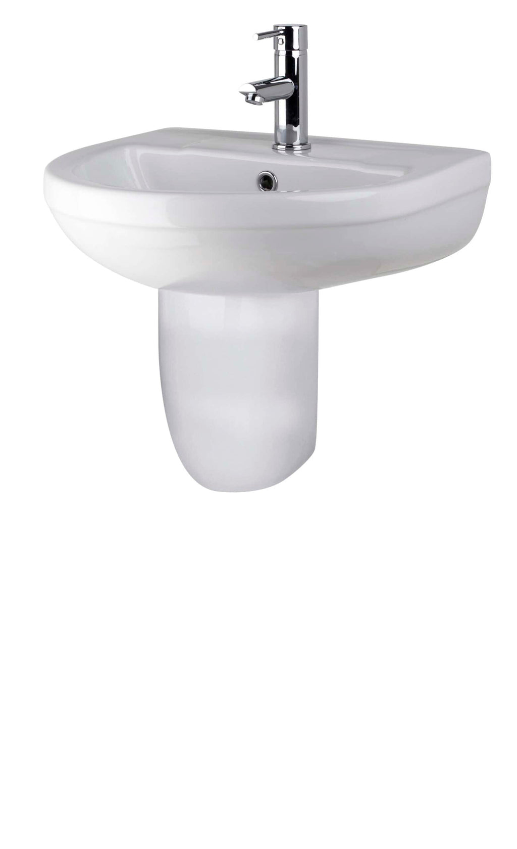 Polished white bathroom sink with modern chrome tap, ideal for contemporary bathroom designs.