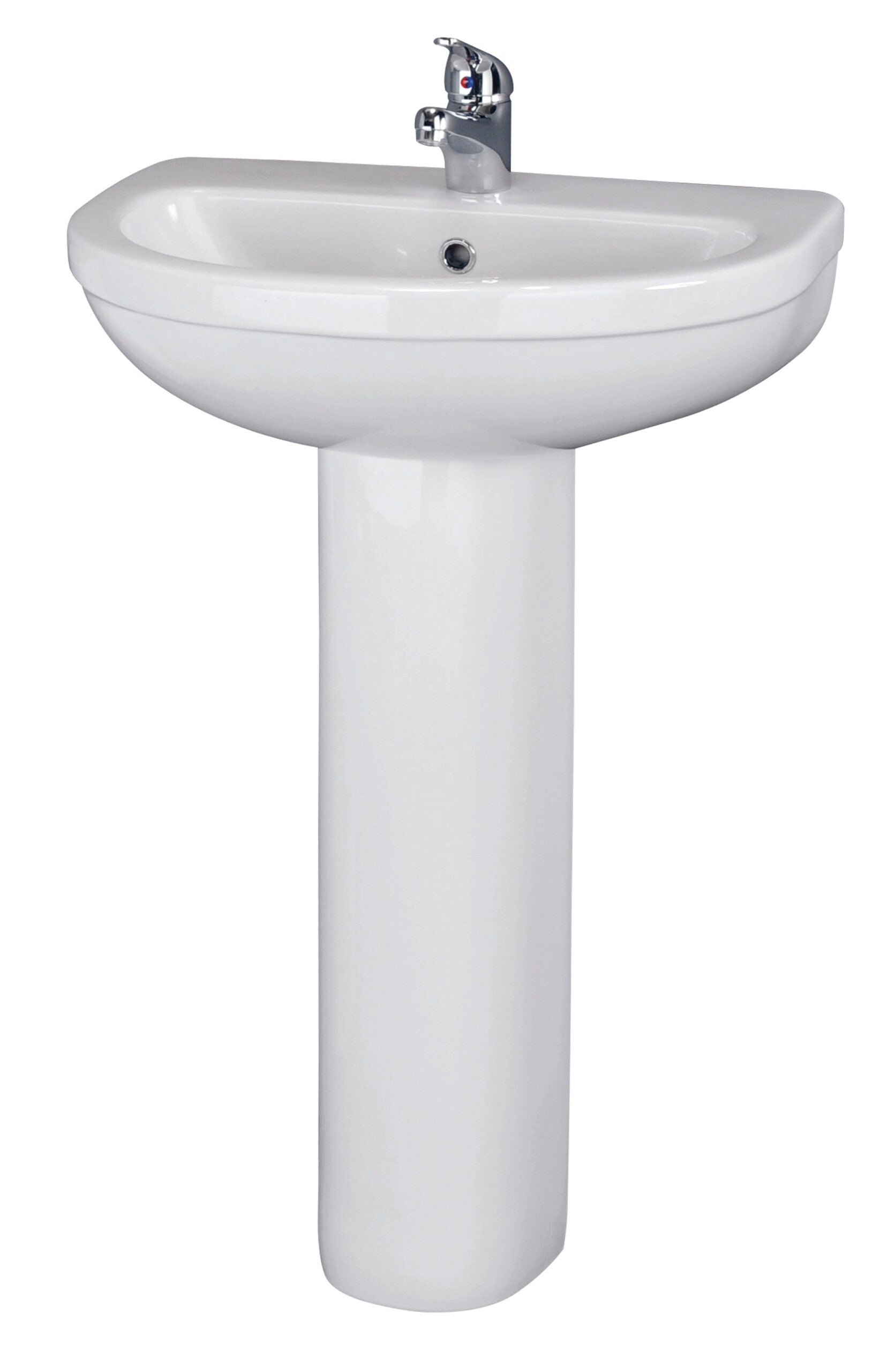 White ceramic pedestal sink with chrome mixer tap, ideal for modern bathroom upgrades. Durable, sleek design with easy-to-clean surface, perfect for a stylish and functional bathroom space.