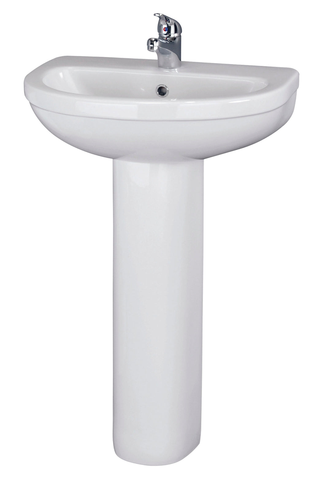 White ceramic pedestal sink with chrome mixer tap, ideal for modern bathroom upgrades. Durable, sleek design with easy-to-clean surface, perfect for a stylish and functional bathroom space.