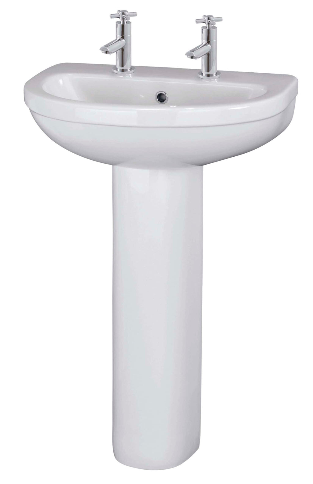 Polished white ceramic double basin bathroom sink with chrome taps and pedestal, ideal for modern bathroom decor, accessible, space-saving, durable, and easy to clean. Perfect for contemporary bathroom design.