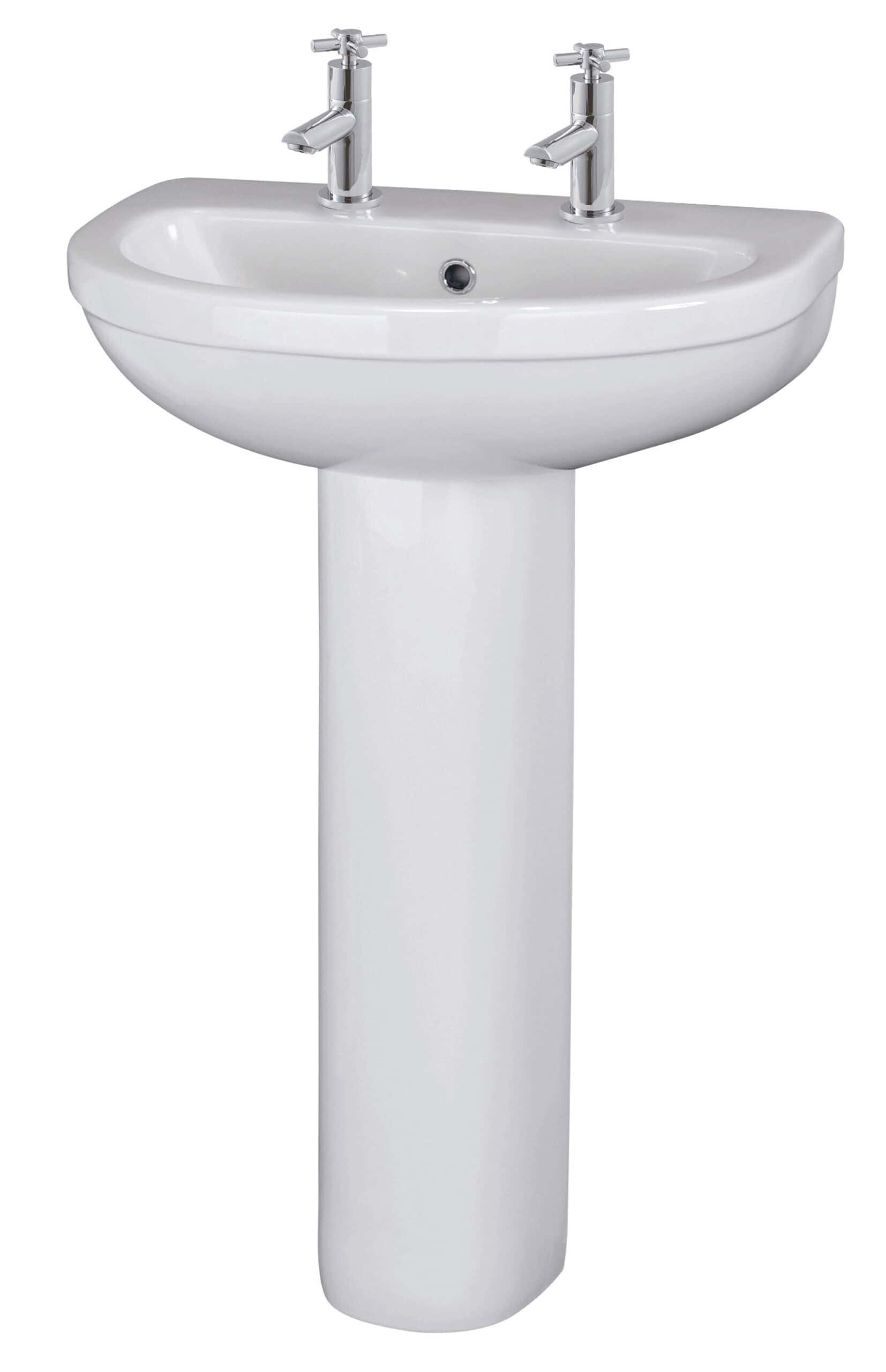 Polished white ceramic double basin bathroom sink with chrome taps and pedestal, ideal for modern bathroom decor, accessible, space-saving, durable, and easy to clean. Perfect for contemporary bathroom design.