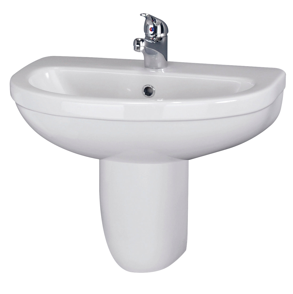 Modern white bathroom sink with chrome tap, ideal for contemporary bathrooms and washroom installations.