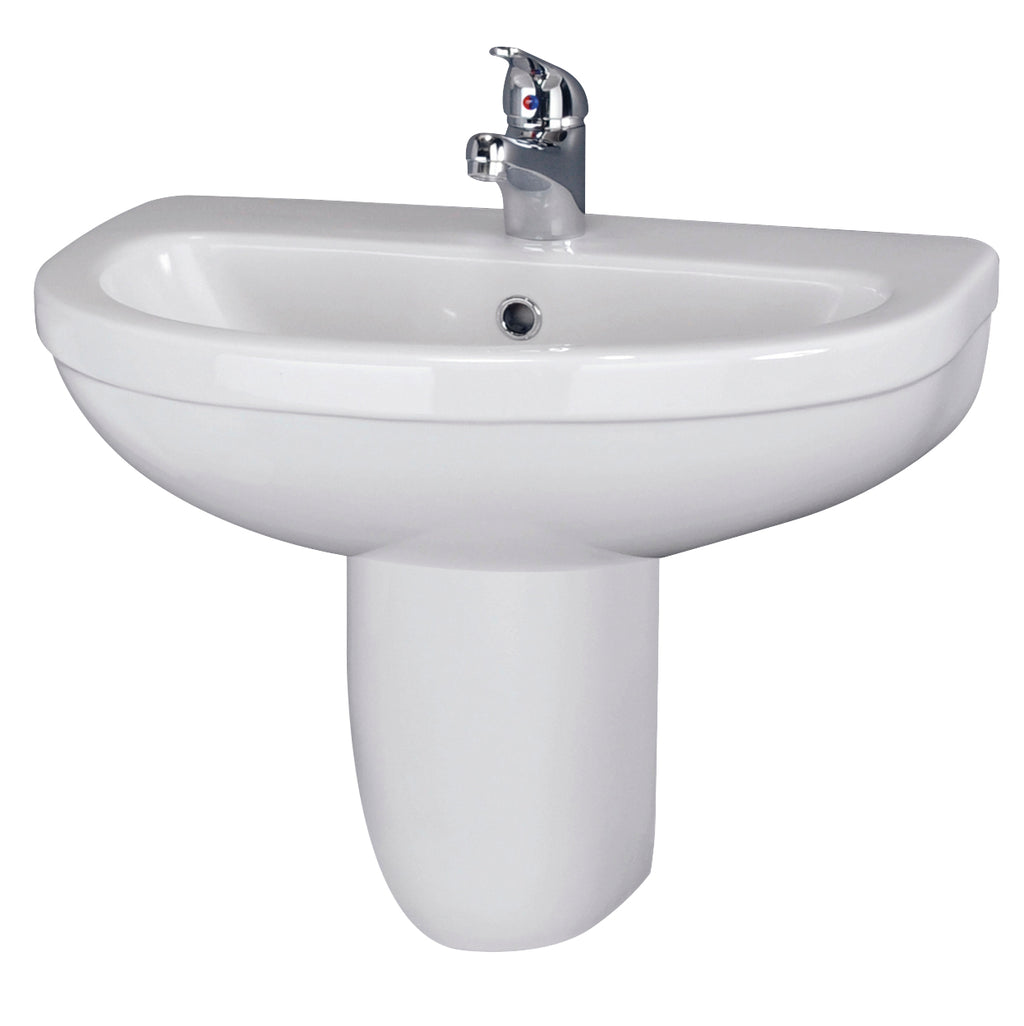 Modern white bathroom sink with chrome tap, ideal for contemporary bathrooms and washroom installations.