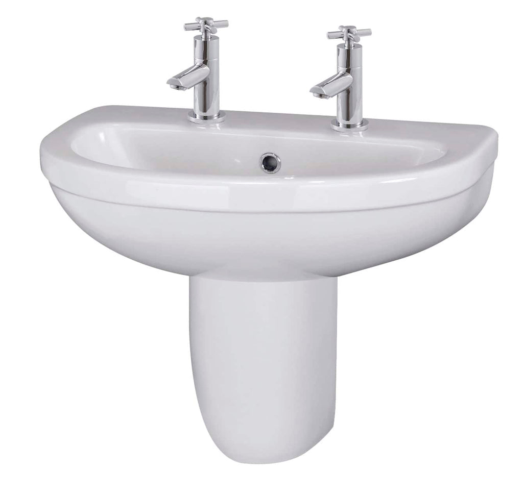 Chrome double basin bathroom sink with integrated taps and pedestal stand.