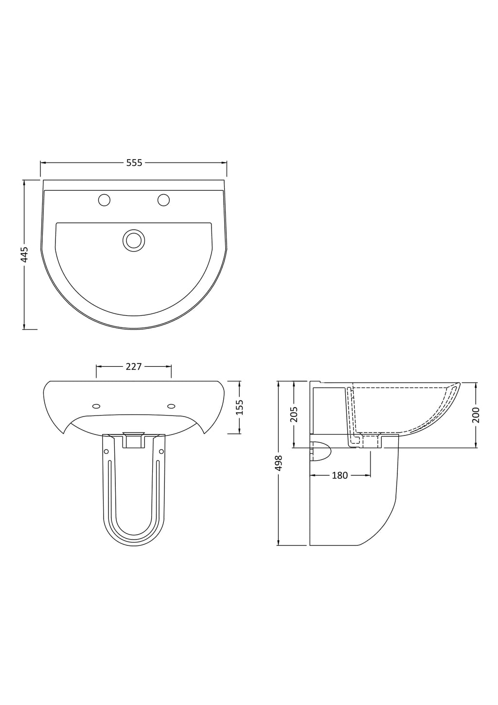 Sanitaryware technical drawing of a bathroom sink with dimensions and specifications.