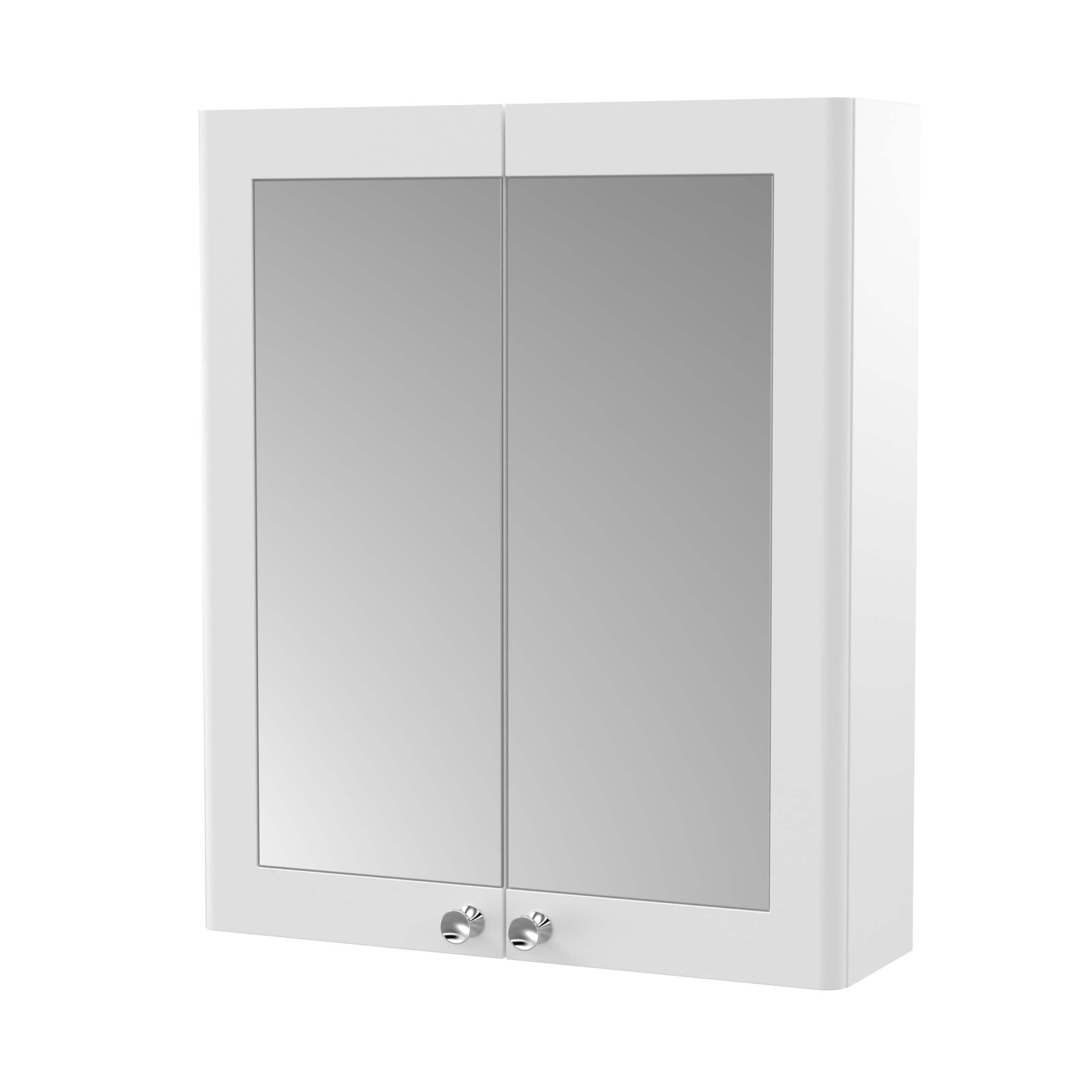 Mirror bathroom cabinet with white frame and two mirrored doors, ideal for modern bathroom storage and organisation. Perfect for bathroom renovations and space-saving solutions.