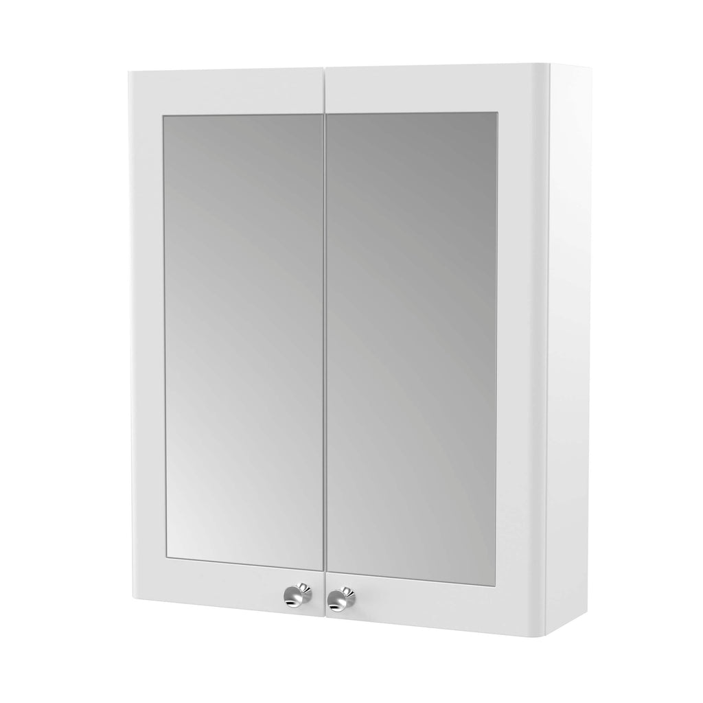 Mirror bathroom cabinet with white frame and two mirrored doors, ideal for modern bathroom storage and organisation. Perfect for bathroom renovations and space-saving solutions.