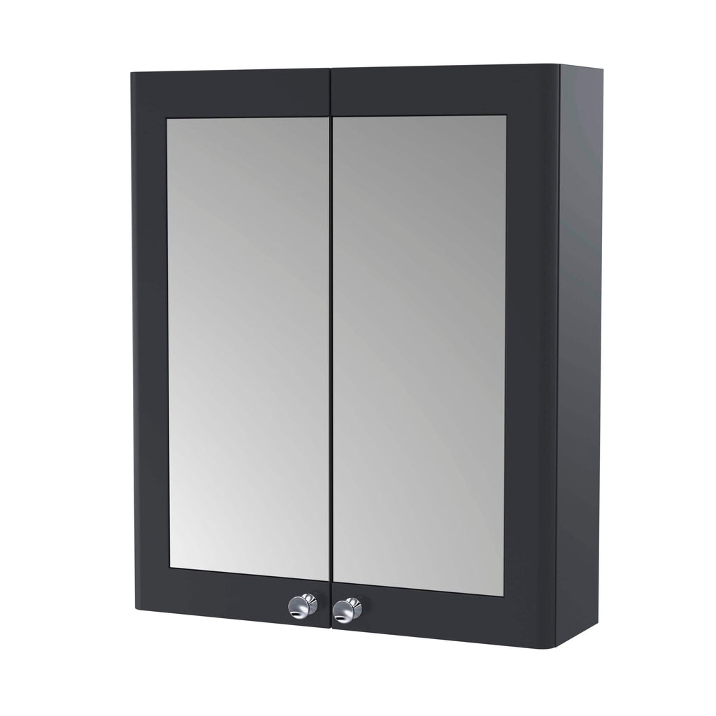 Sleek black bathroom wall cabinet with mirrored doors and chrome knobs for modern bathroom storage solutions.