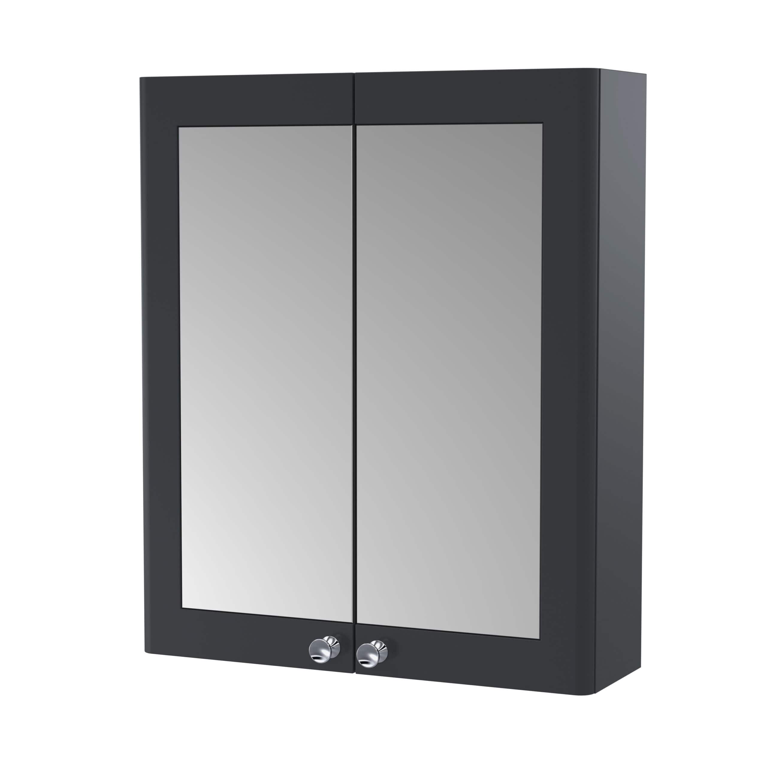 Sleek black bathroom wall cabinet with mirrored doors and chrome knobs for modern bathroom storage solutions.
