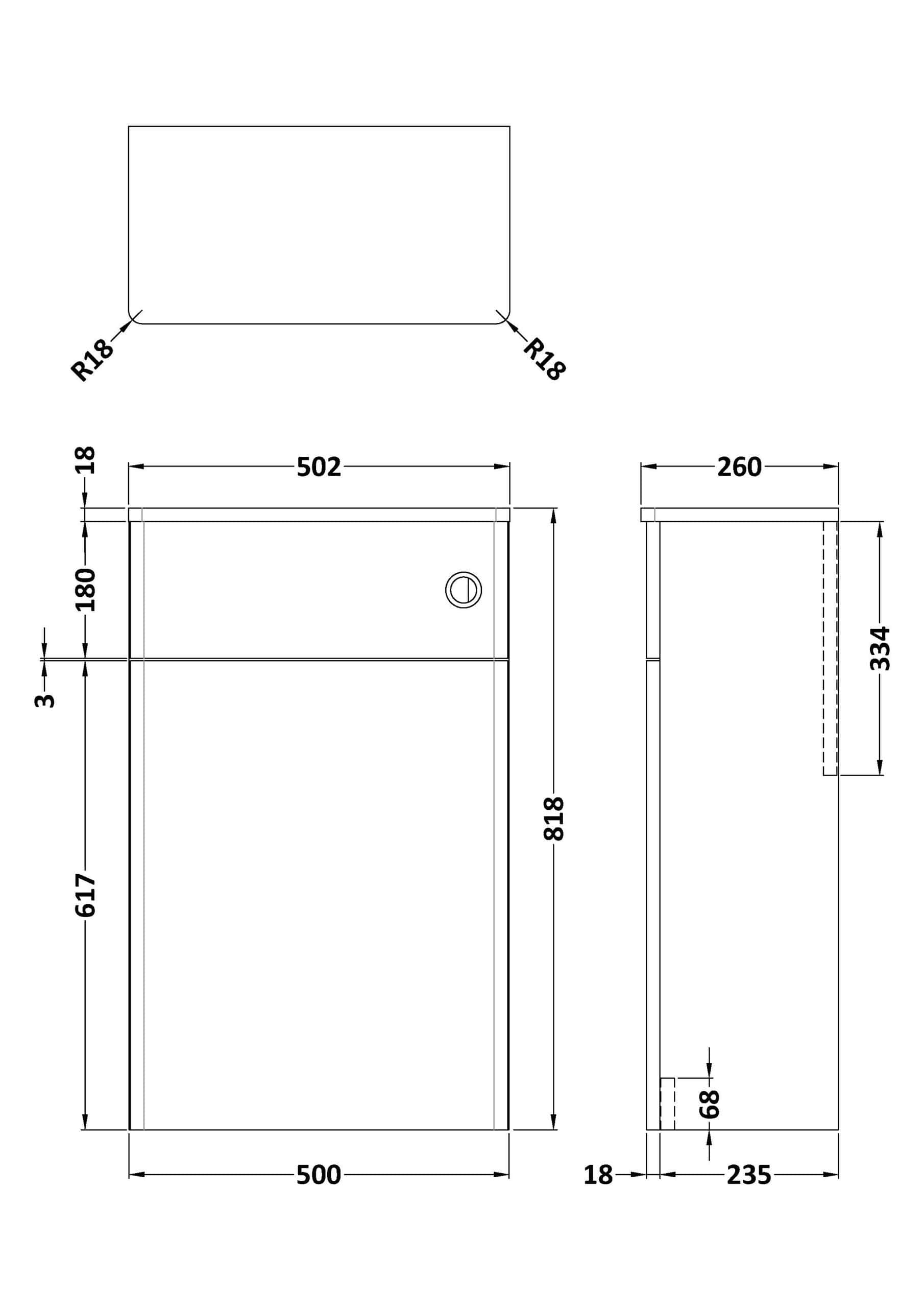 High-quality bathroom vanity cabinet with detailed technical drawing, including measurements and corner radius, ideal for modern bathroom renovation projects.