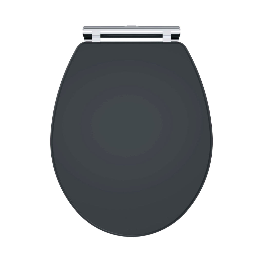 Black toilet seat with modern design, soft-close lid, and durable construction, ideal for stylish and functional bathroom upgrades. Suitable for residential and commercial bathrooms.