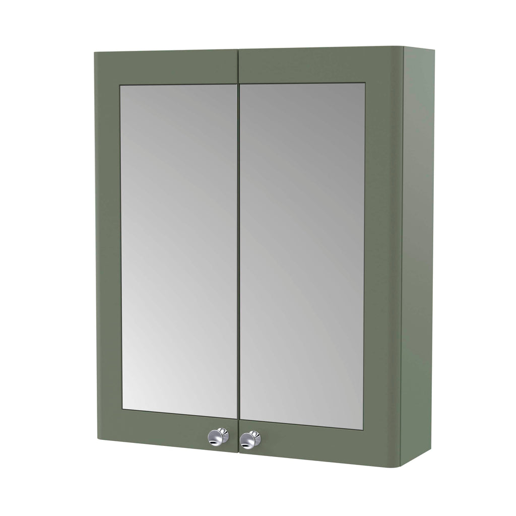 Mirror cabinet with two mirrored doors and chrome handles, ideal for modern bathroom storage and organisation, finished in sleek green.
