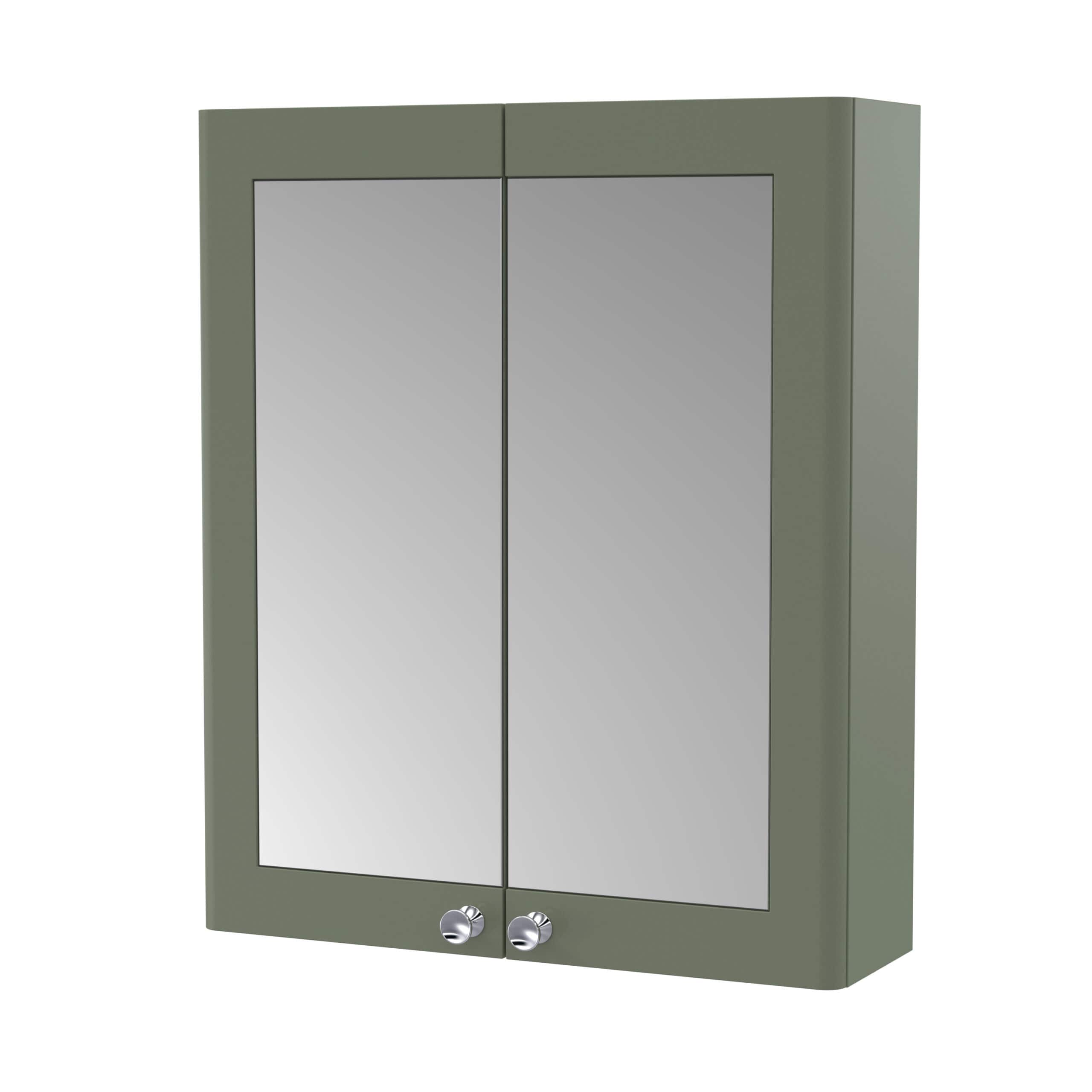 Mirror cabinet with two mirrored doors and chrome handles, ideal for modern bathroom storage and organisation, finished in sleek green.