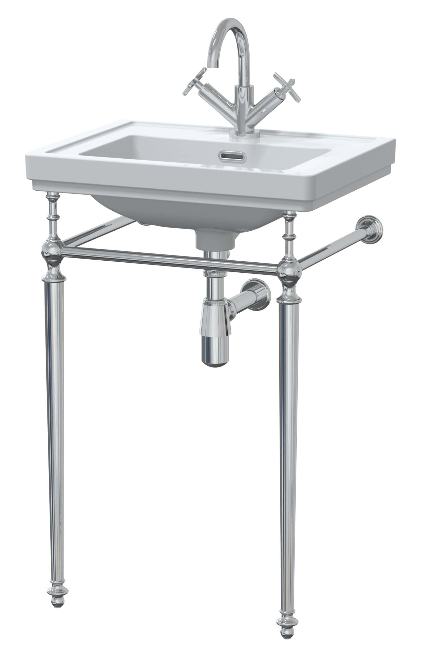 Shiny chrome bathroom sink on elegant stand with traditional cross handles, ideal for vintage-inspired bathroom designs, combining functionality with classic style.