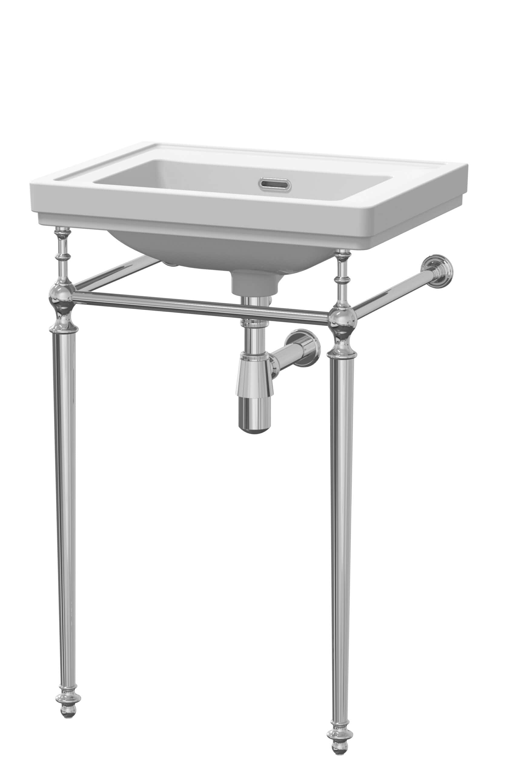 Sink with chrome legs and vintage style, ideal for luxury modern bathroom renovation. Chrome-plated finish, ceramic basin, and sturdy frame for a stylish, functional bathroom feature.