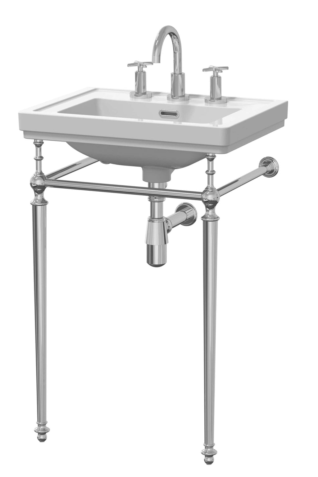 Polished chrome vintage style bathroom sink with elegant stand and traditional tap fixtures, ideal for classic bathroom designs.