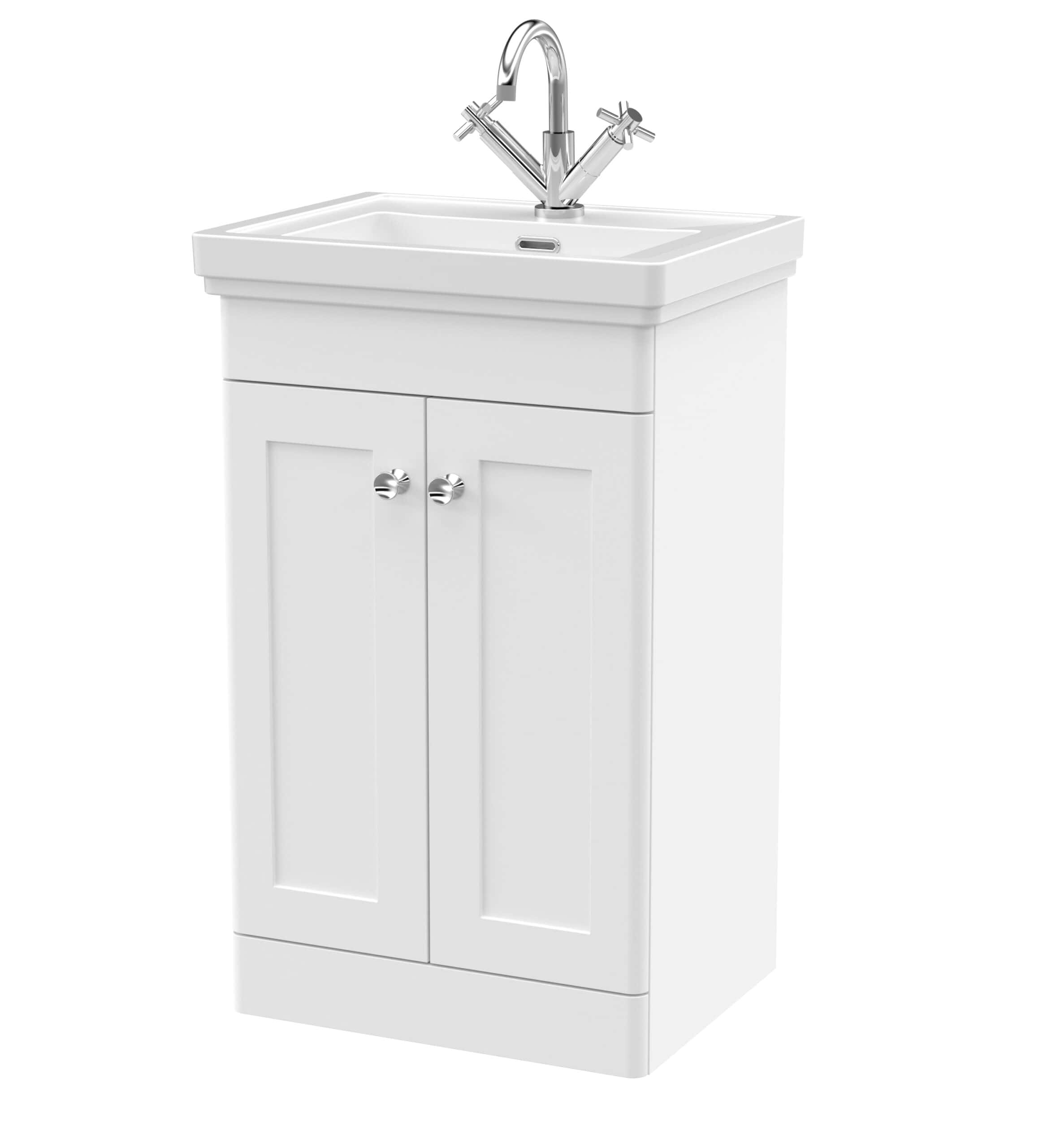 Modern white bathroom vanity with sink and chrome taps, ideal for stylish bathroom storage and plumbing solutions. Perfect addition for contemporary bathroom interiors.
