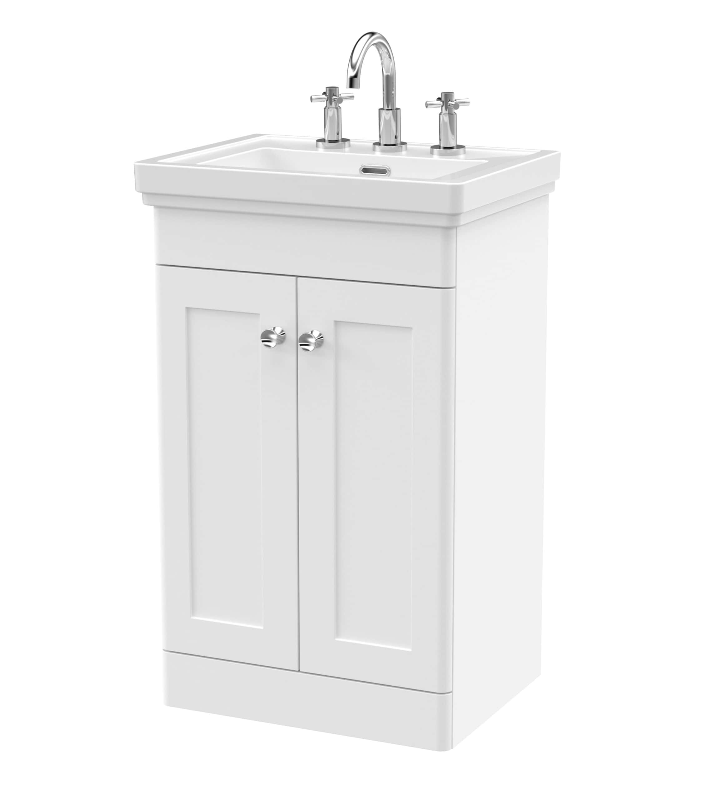 Polished white bathroom vanity unit with integrated sink, chrome faucets, and storage cabinet, ideal for bathroom renovation and modern bathroom design.