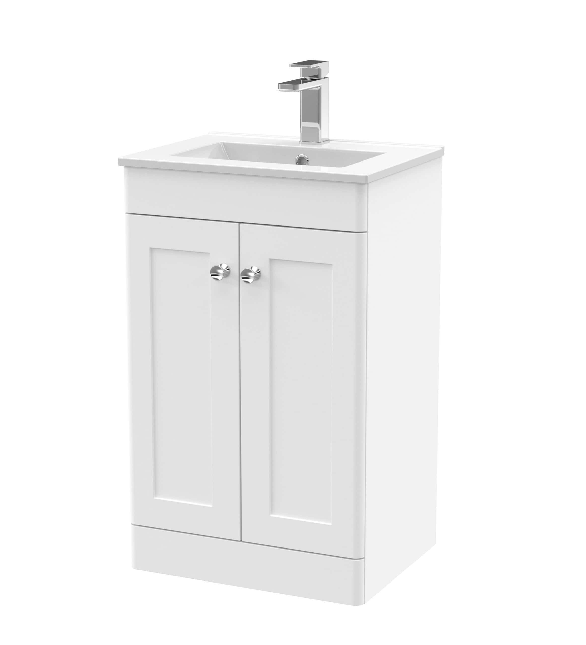 Modern white bathroom vanity with a built-in sink and chrome handle cabinet storage for contemporary bathroom design.