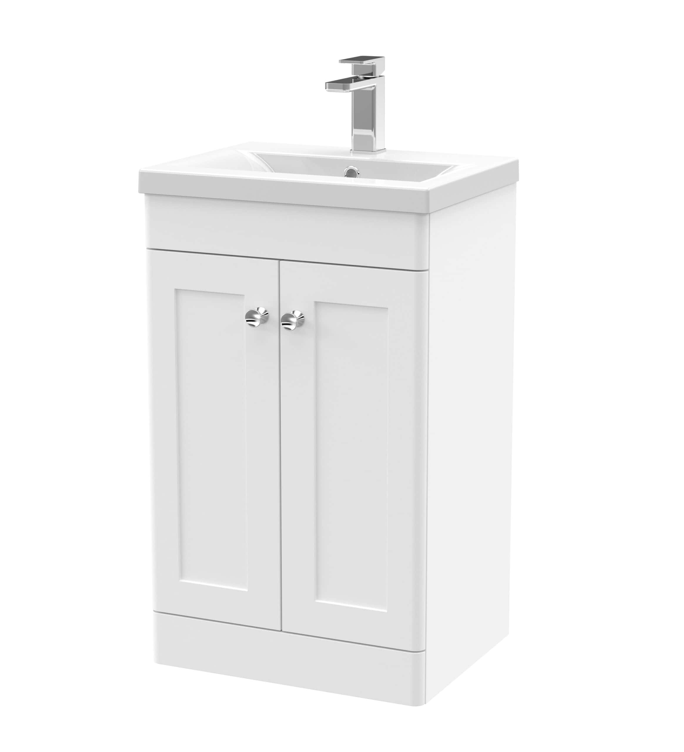 Minimalist white bathroom sink cabinet with a chrome tap, perfect for modern bathrooms and washrooms. Stylish, functional bathroom furniture by Bubly Bathrooms.