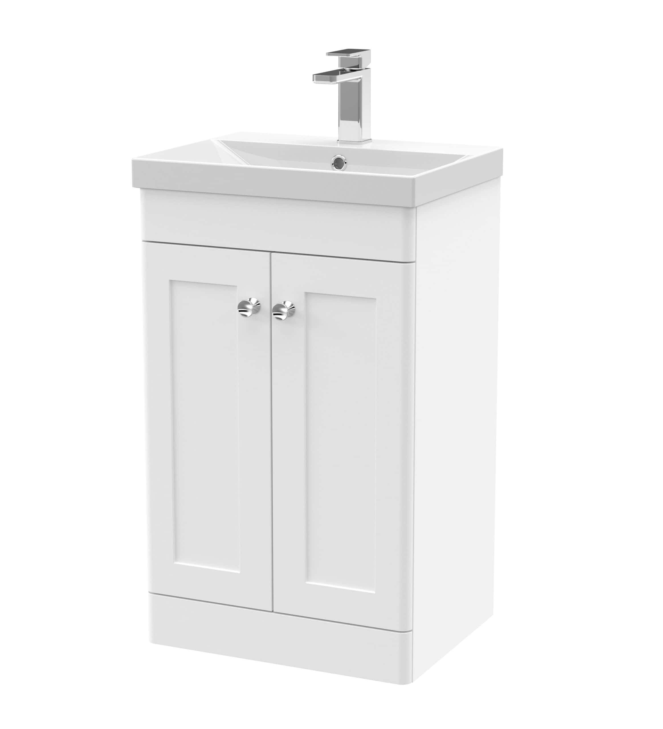 Chrome bathroom vanity sink cabinet with integrated basin and modern tap fittings, ideal for contemporary bathroom decor. Perfect storage solution for bath essentials.