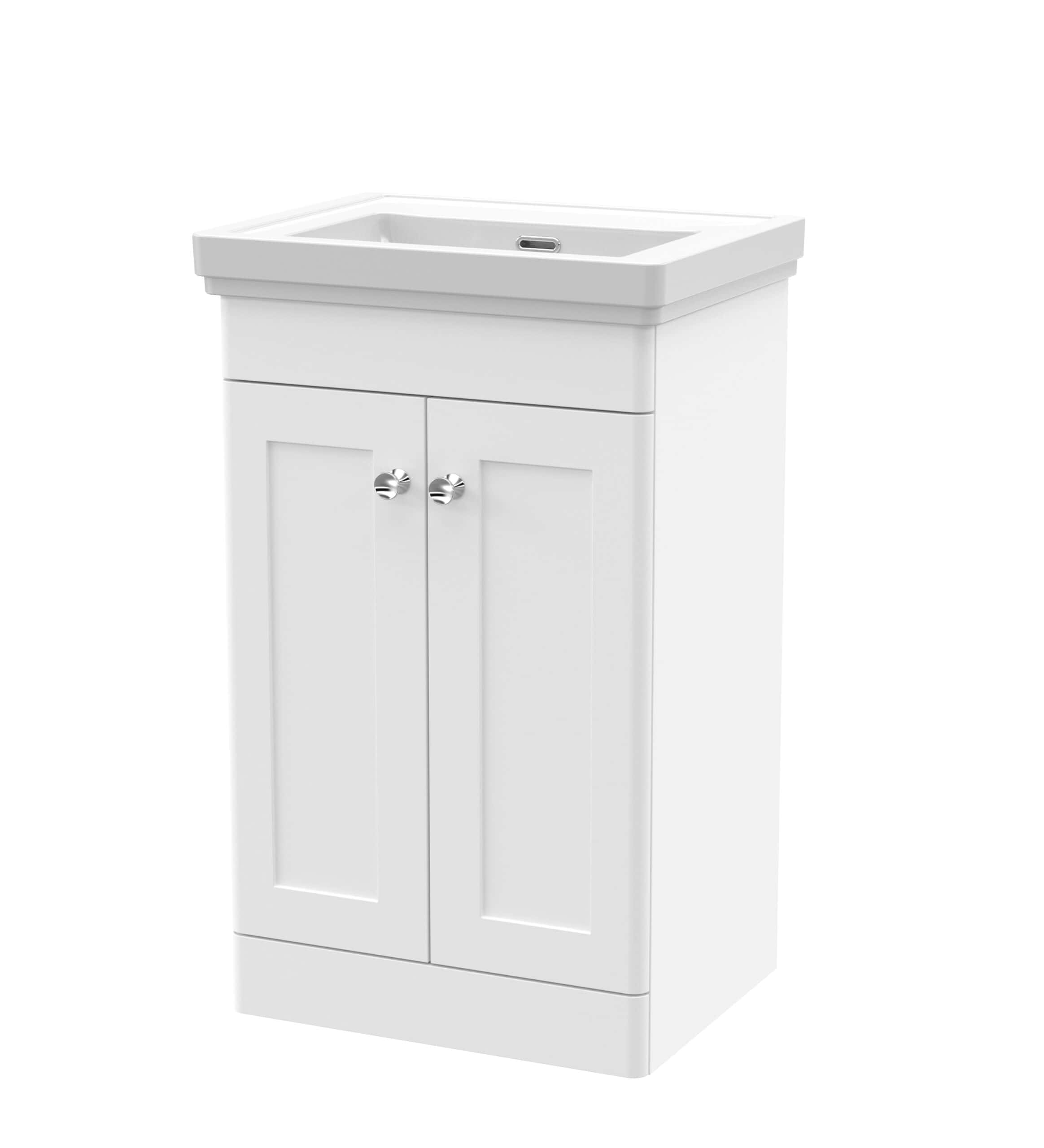 Bright white bathroom vanity unit with integrated sink, ideal for modern bathroom renovations and storage solutions. Crafted with durable materials for long-lasting use in contemporary bathrooms.