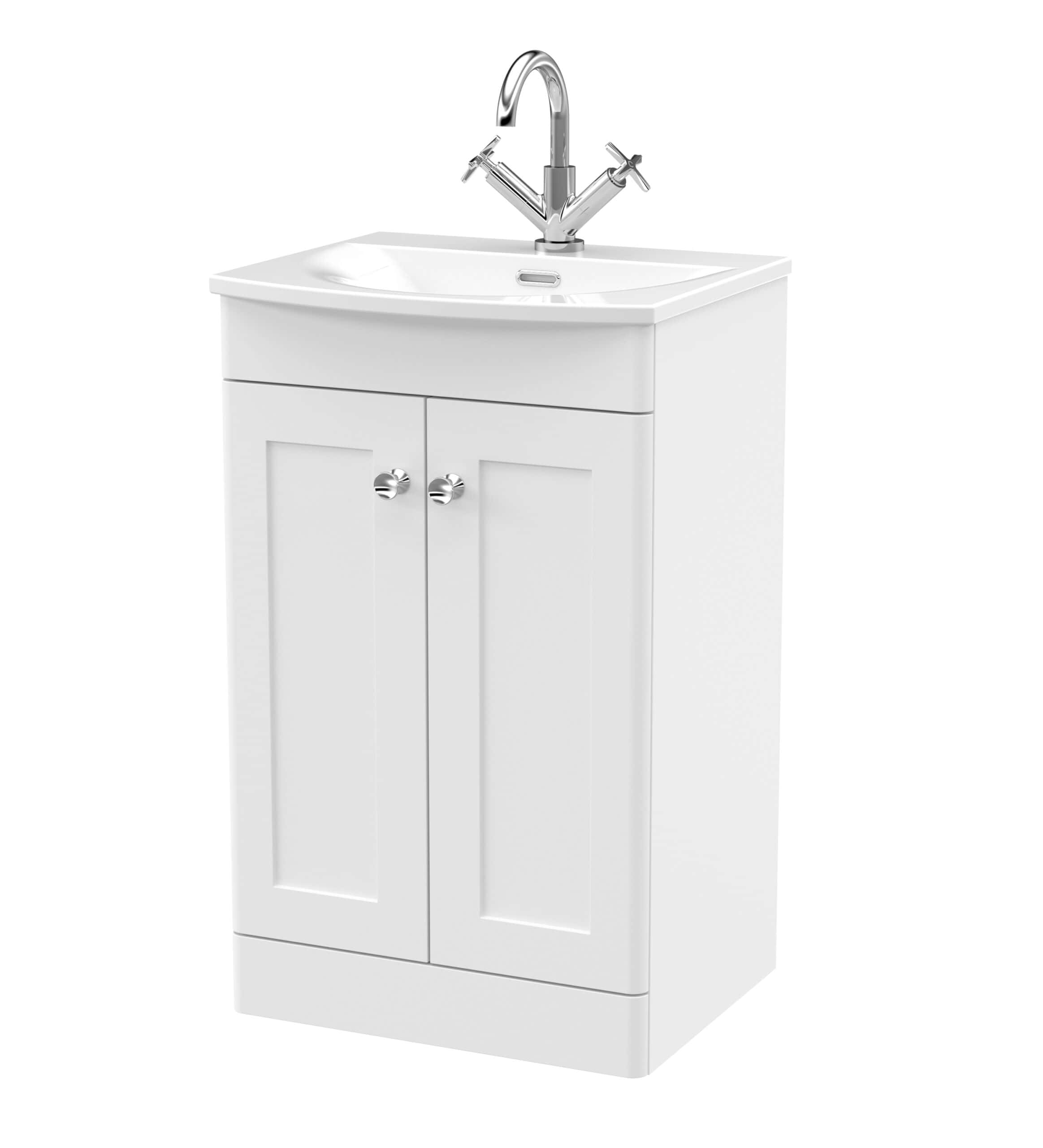 Modern white bathroom vanity unit with integrated sink and chrome tap, ideal for bathroom renovation and storage solutions. Perfect for contemporary bathroom designs.