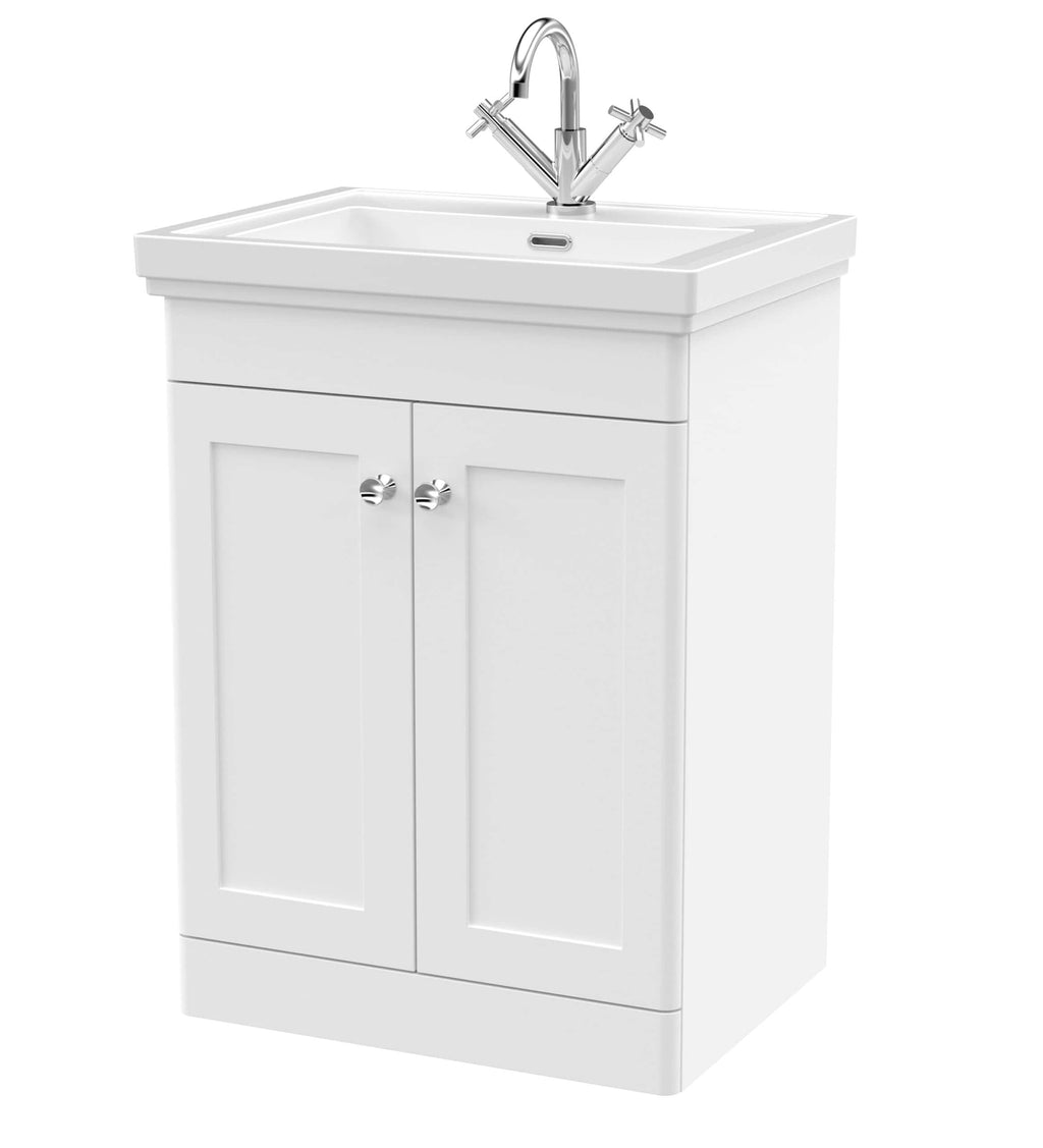 Modern white bathroom vanity with built-in sink and chrome mixer tap, ideal for contemporary bathroom design, storage, and functionality.