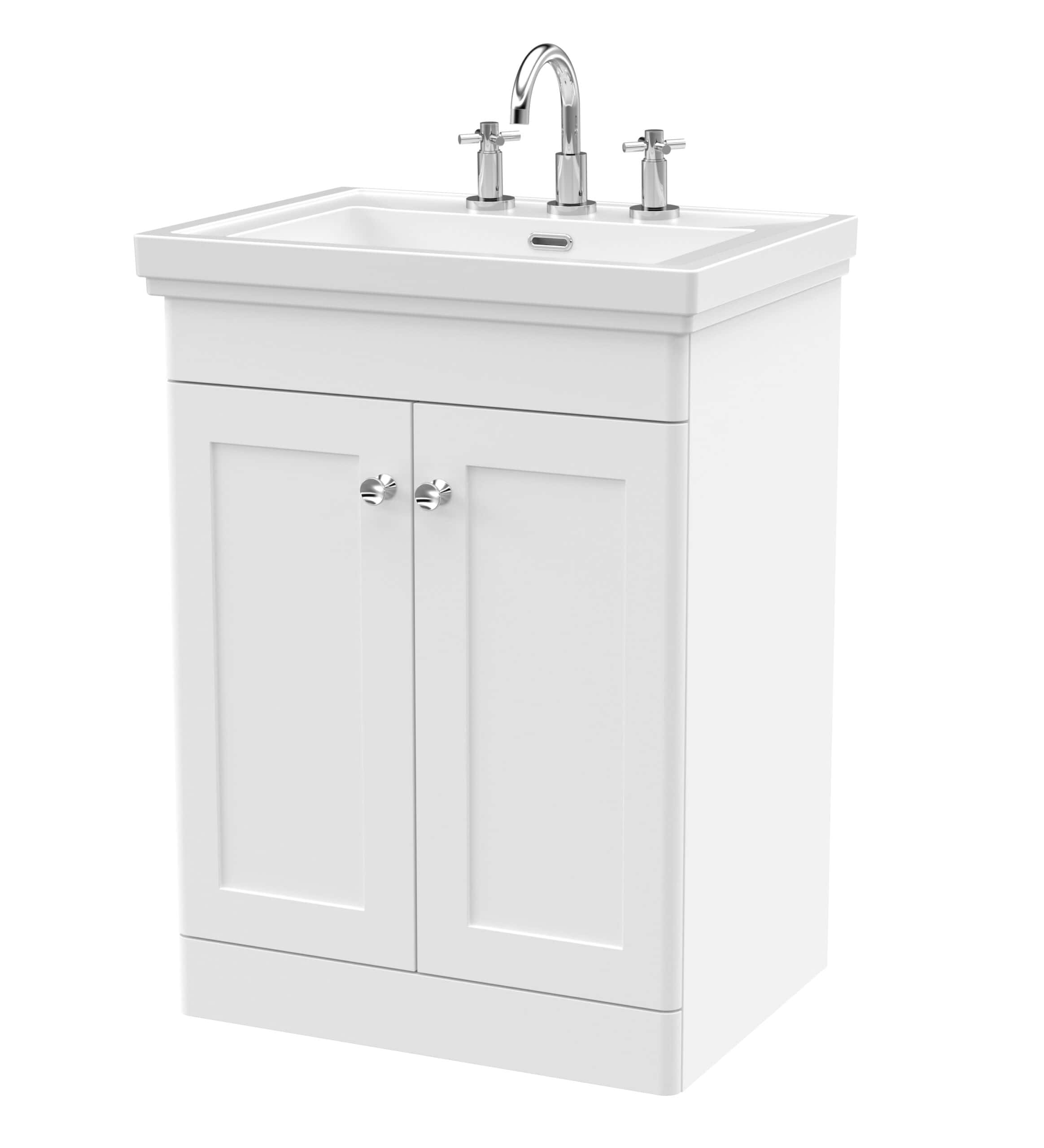 Bright white bathroom vanity with sink and chrome taps, ideal for modern bathroom designs and space-saving solutions. Perfect for bathroom renovation or upgrade projects.