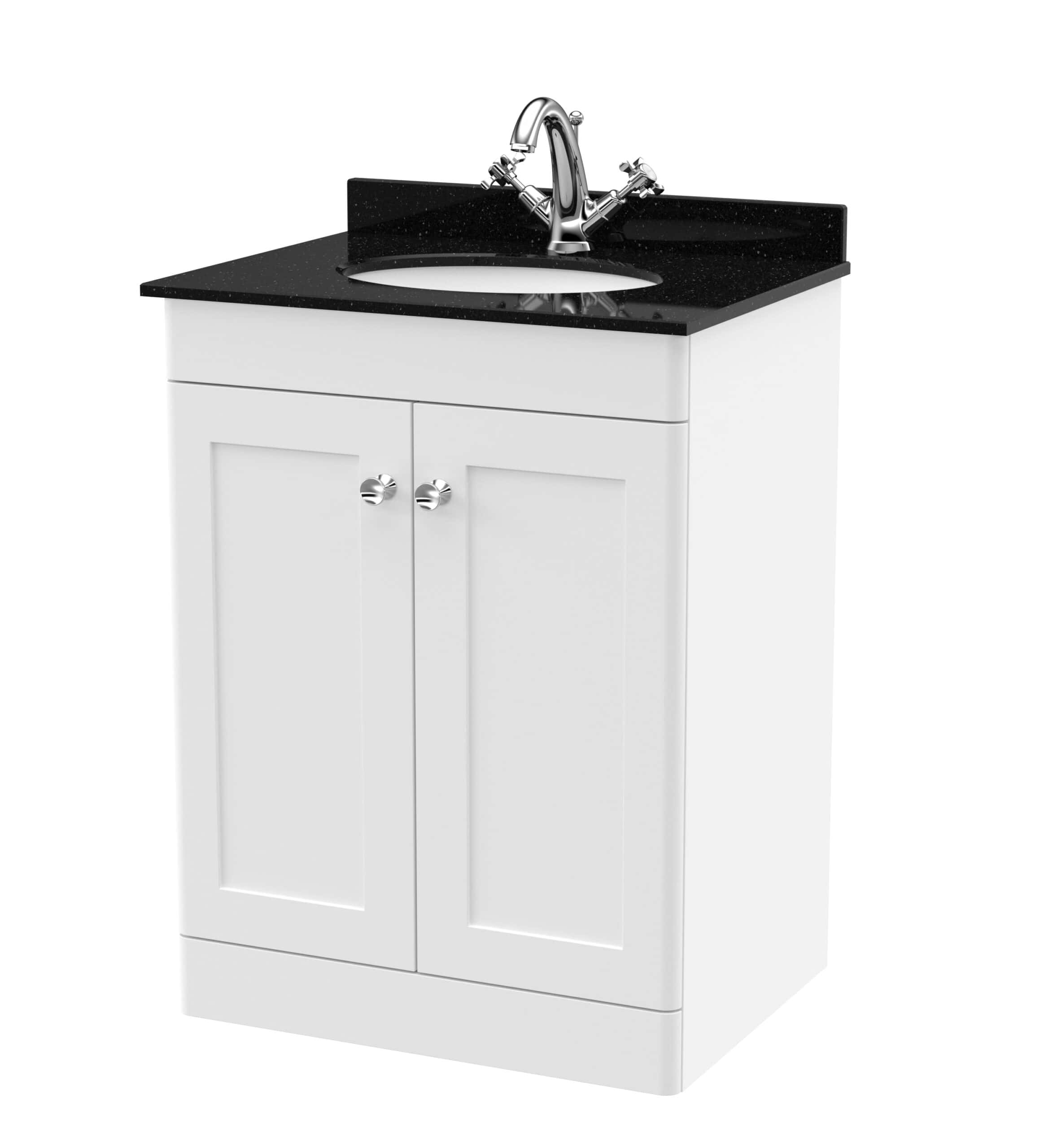 Modern white bathroom vanity with black countertop and chrome faucet, ideal for contemporary bathroom decor and storage.