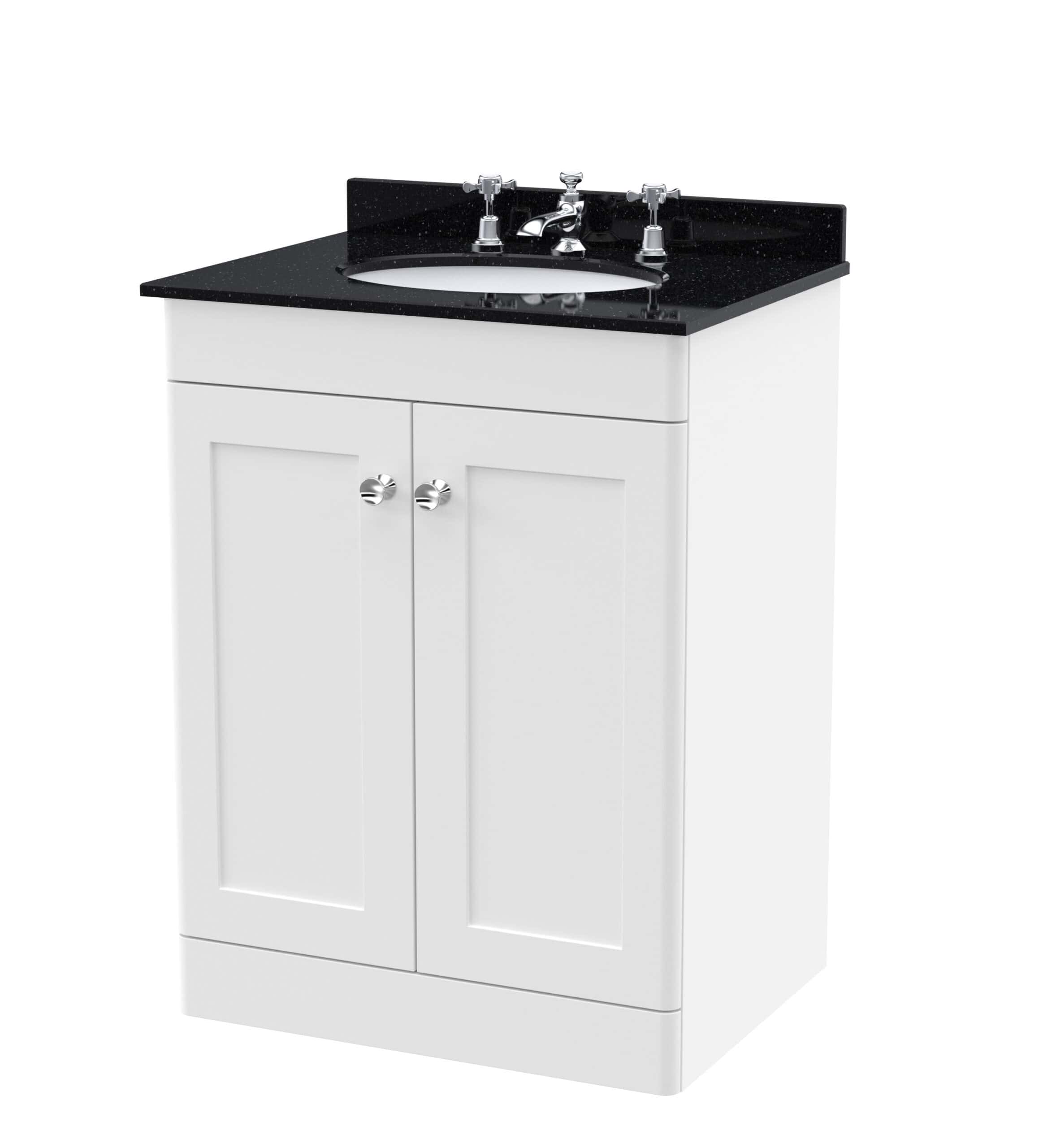 Modern white bathroom vanity with black granite countertop and integrated sink, ideal for bathroom renovation or refurbishment projects. Stylish, functional, and durable bathroom furniture.