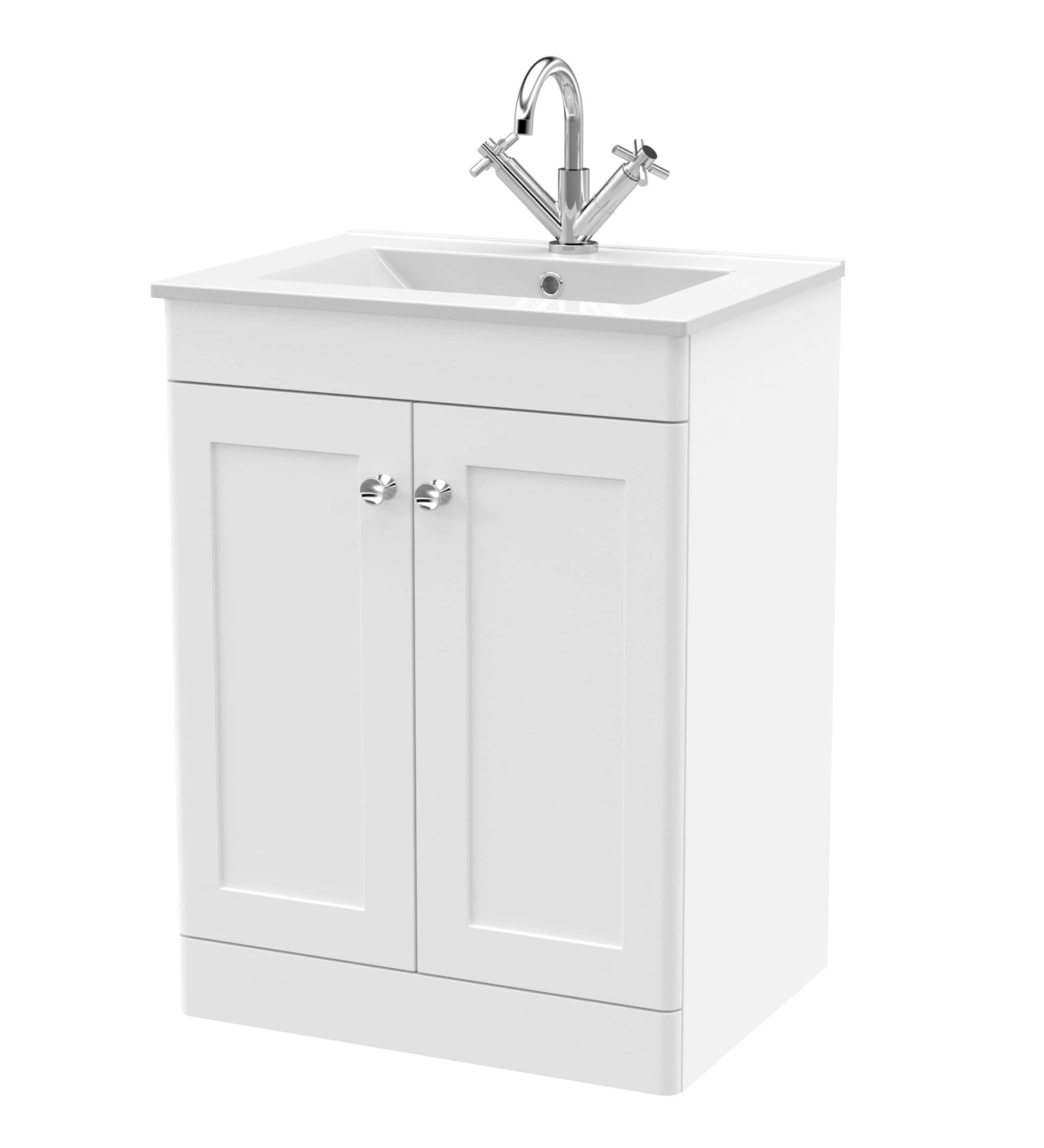 White bathroom sink unit with chrome tap and cabinet storage, ideal for modern bathroom designs. Perfect for small spaces and easy to install. Enhance your bathroom with Bubly Bathrooms' quality fixtures.