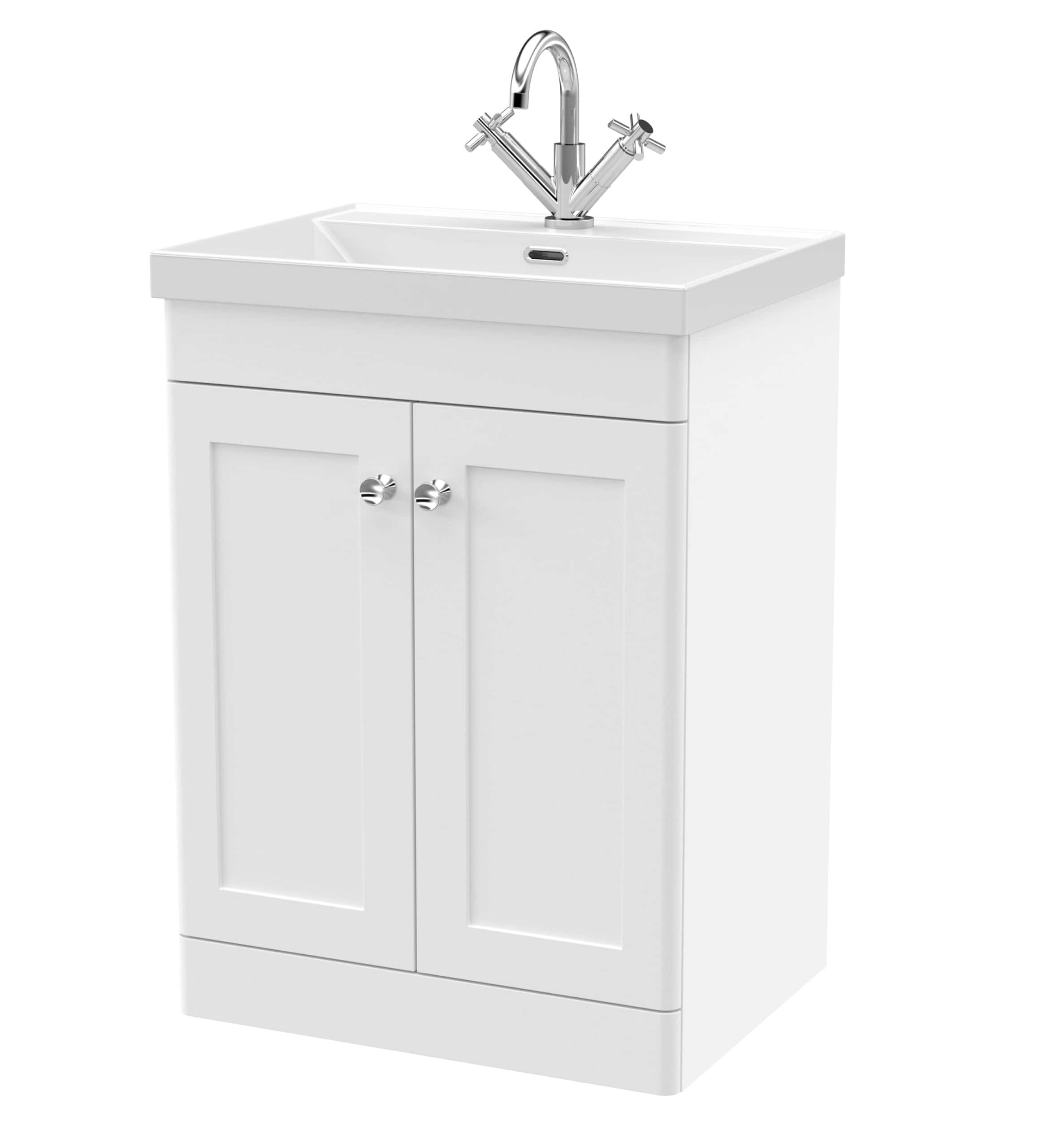 Modern white bathroom sink unit with cabinet storage and chrome faucet, ideal for bathroom renovation, offering practicality and style.