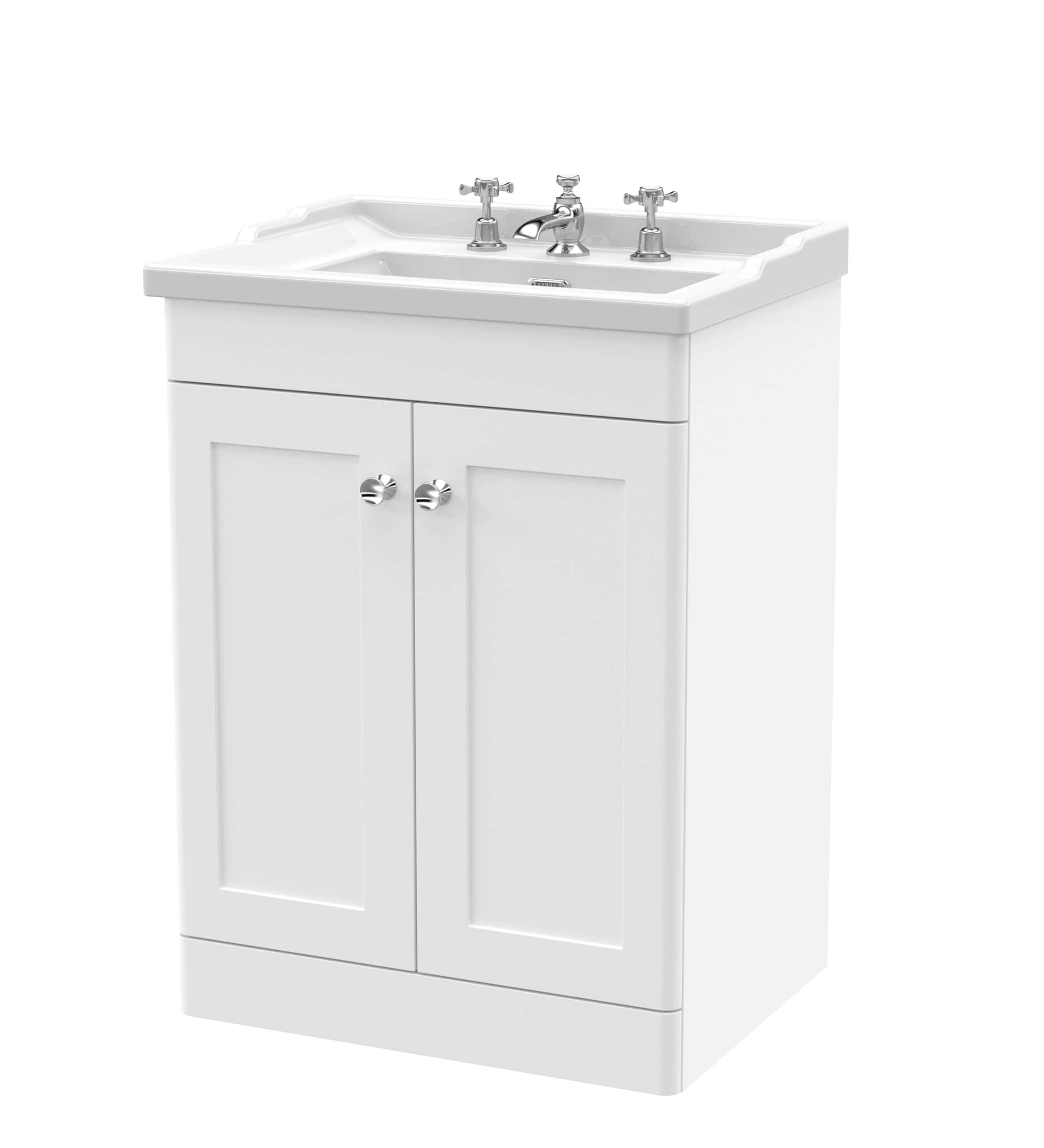 White bathroom vanity unit with ceramic sink and chrome taps, ideal for modern bathrooms, providing stylish bathroom storage and washbasin solutions.