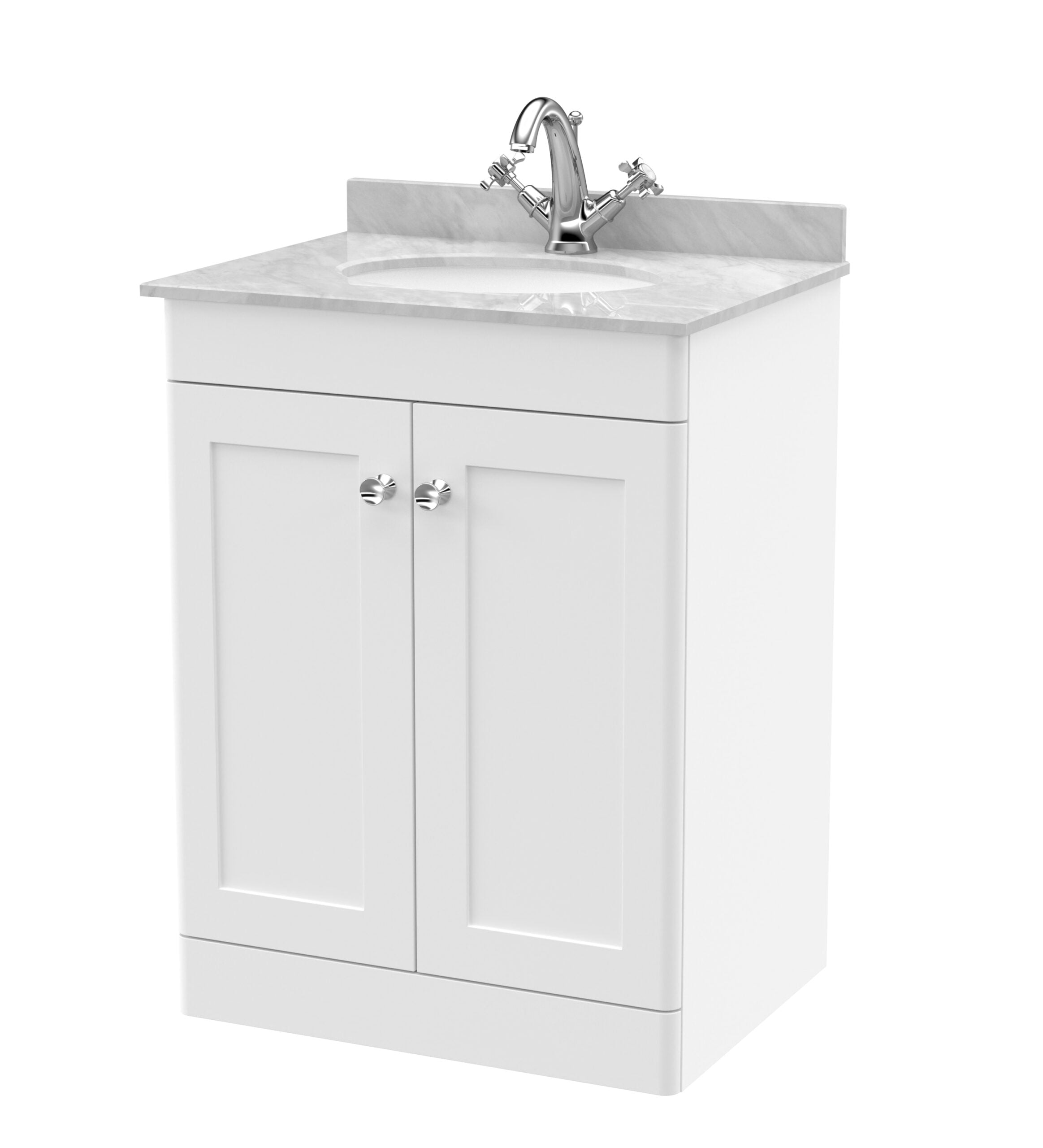Polished white bathroom vanity with marble countertop and chrome faucet, ideal for modern bathroom sink installations.