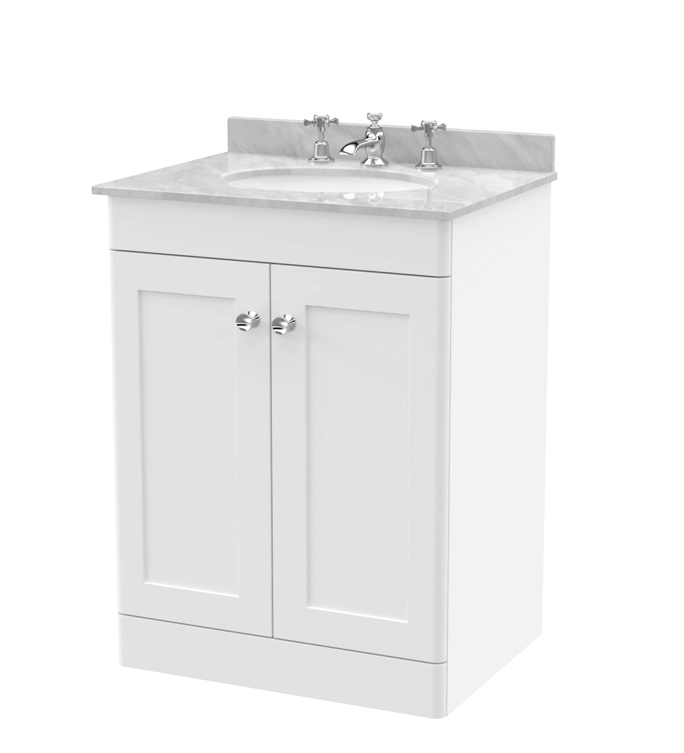 Bright white bathroom vanity unit with marble top and traditional tap handles, ideal for classic and modern bathroom storage solutions.