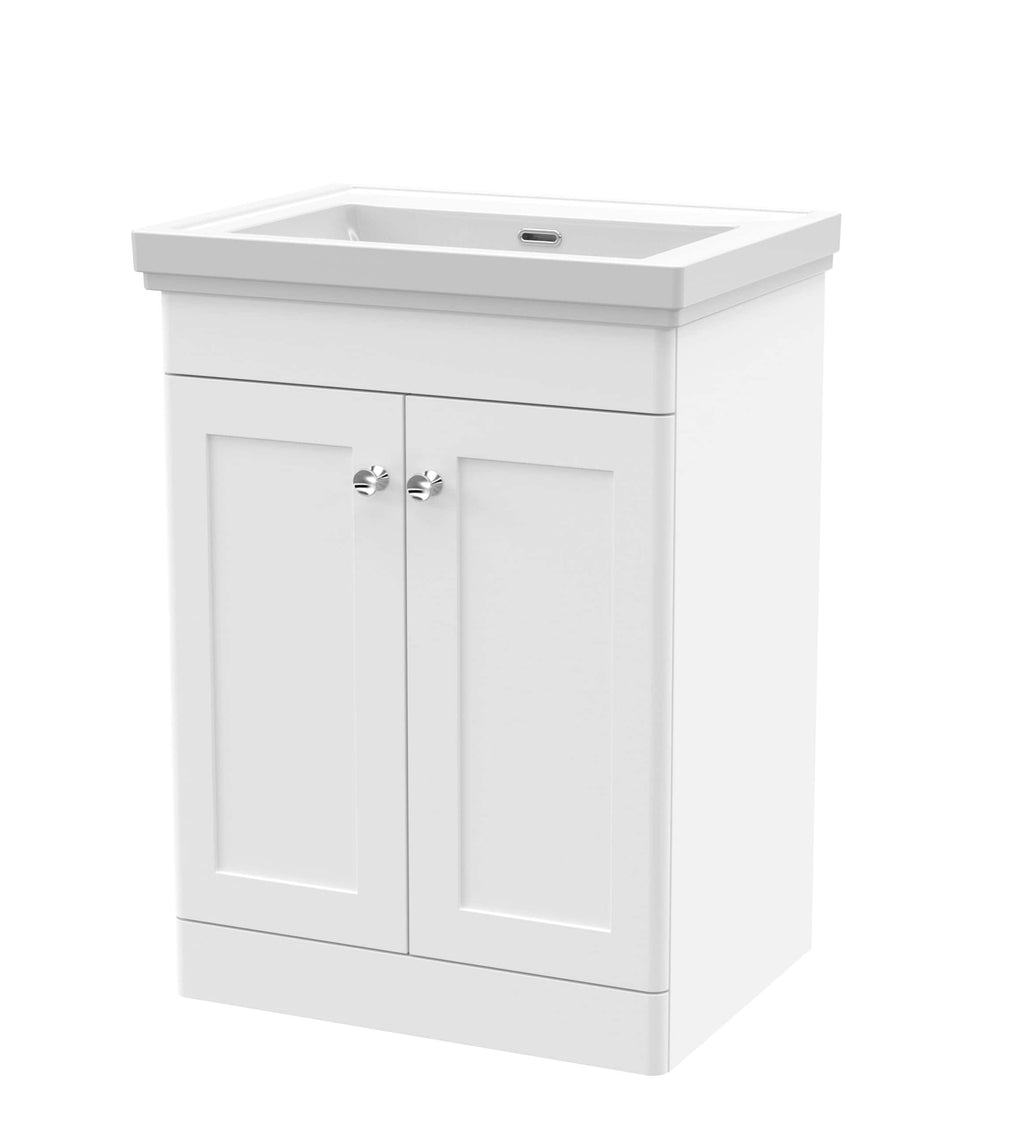 Stylish white bathroom vanity with integrated basin, perfect for modern bathrooms, featuring storage cabinets for toiletries and cleaning supplies. Elegant bathroom furniture for convenience and style.