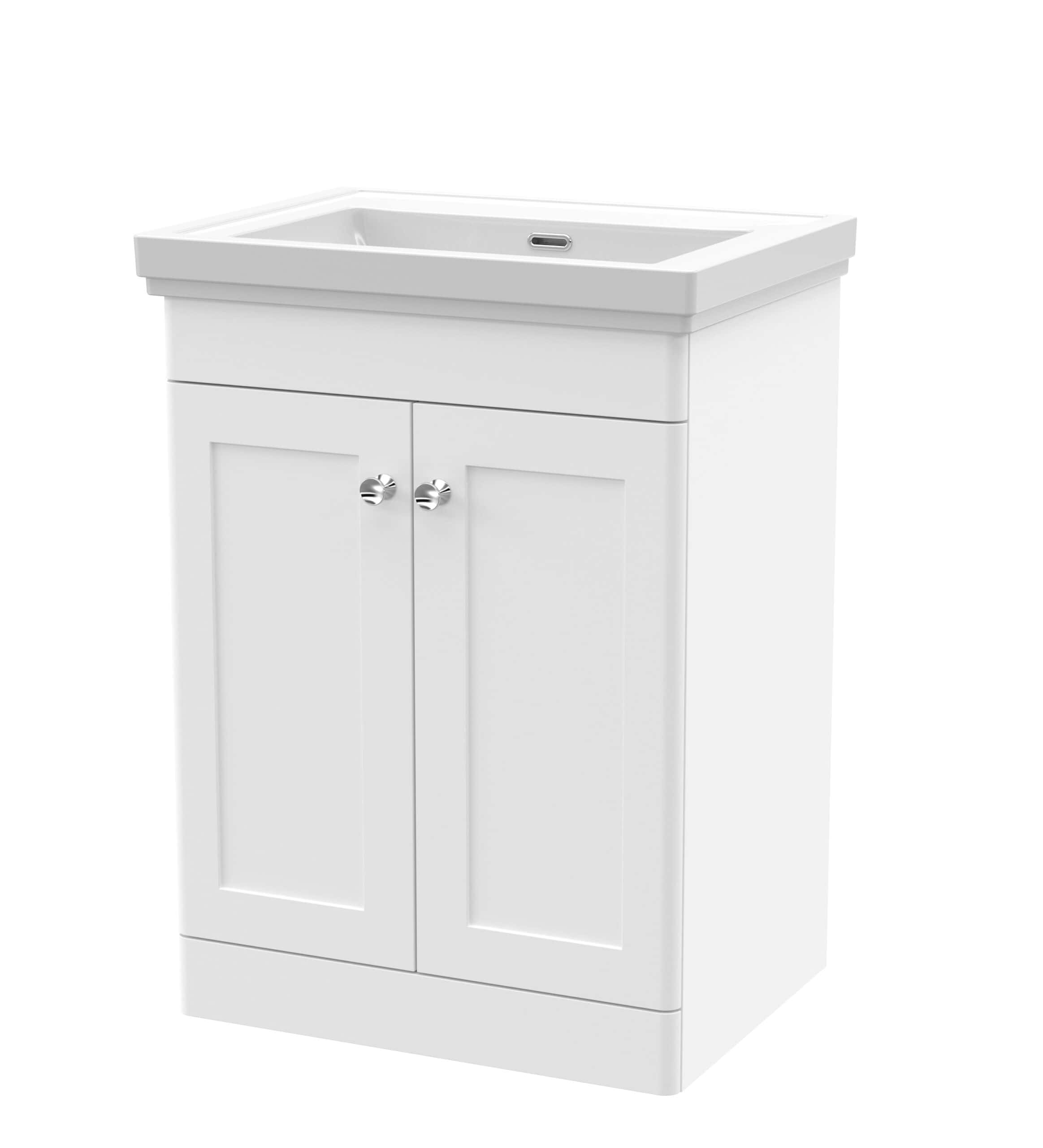 Stylish white bathroom vanity with integrated basin, perfect for modern bathrooms, featuring storage cabinets for toiletries and cleaning supplies. Elegant bathroom furniture for convenience and style.