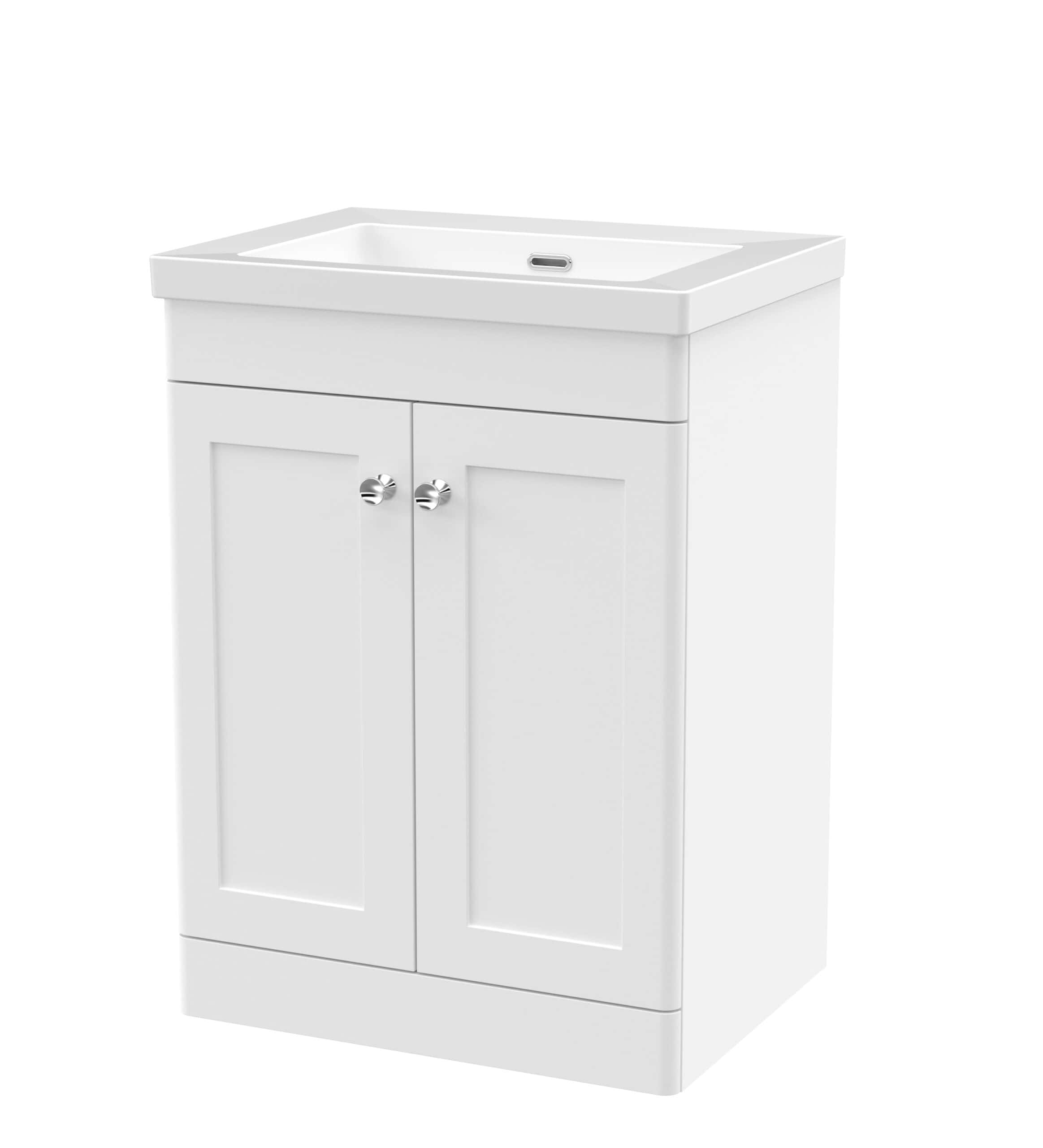 Modern white bathroom vanity with integrated sink and storage cabinet for stylish bathroom organisation.