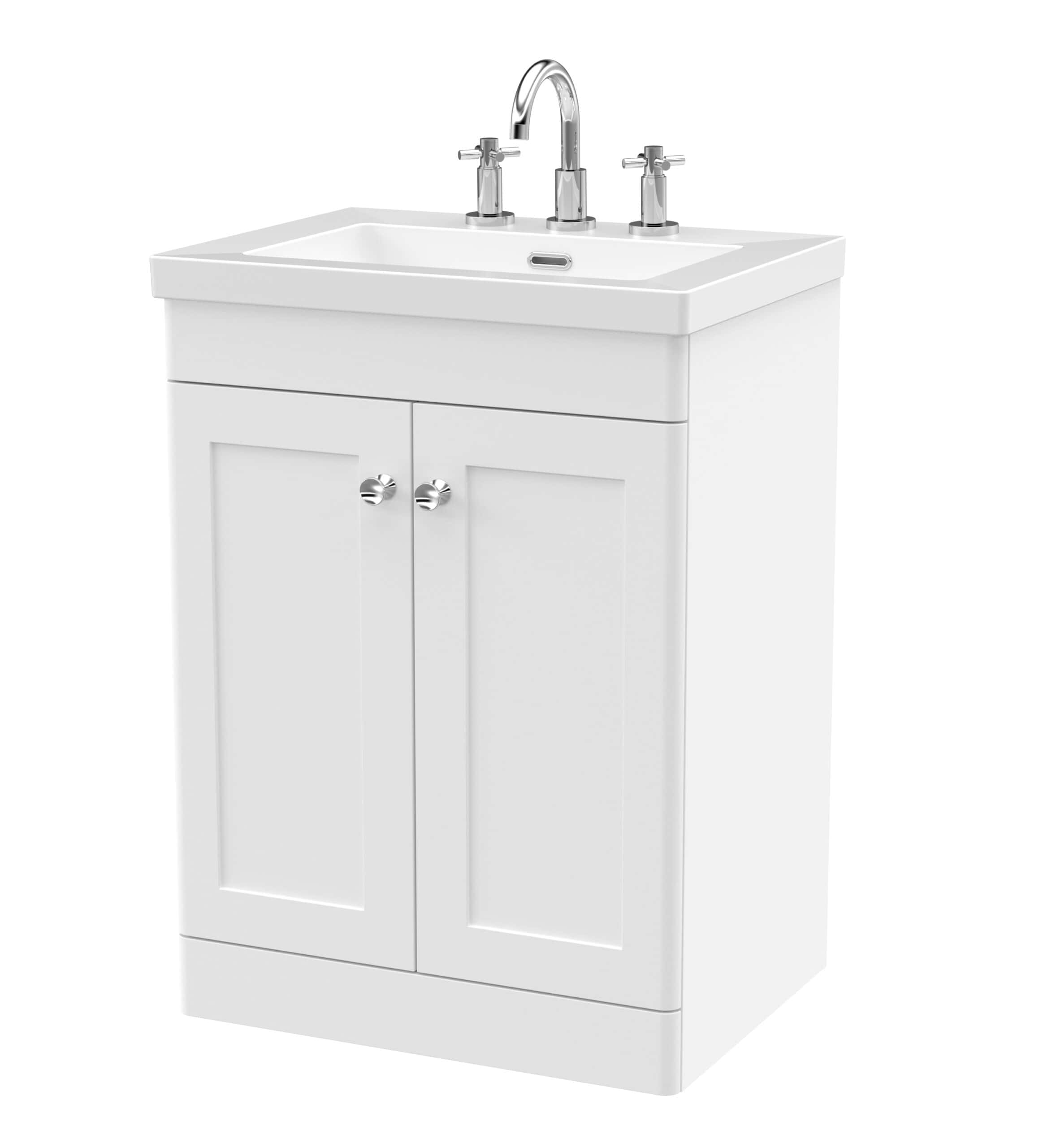Modern white bathroom vanity with ceramic sink and chrome taps for stylish bathroom upgrades.