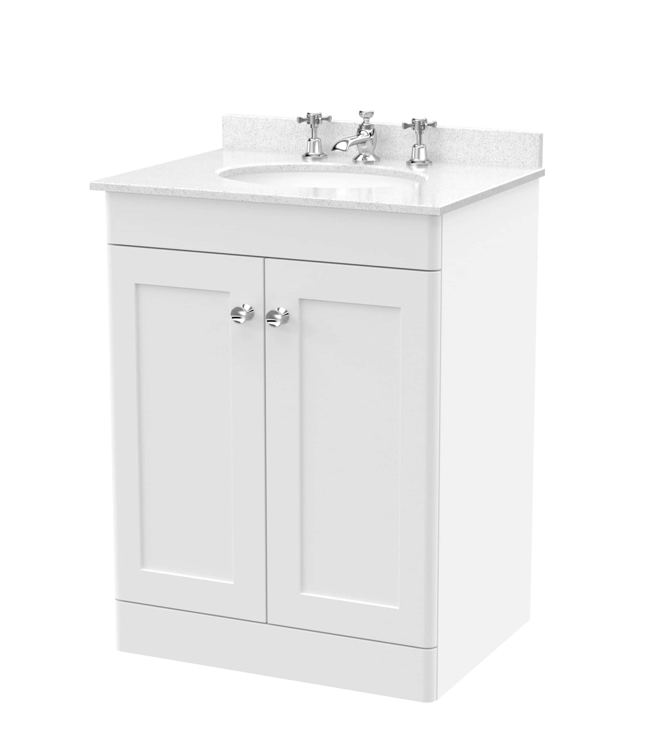 Simple white bathroom vanity with ceramic sink and chrome tap, perfect for modern bathroom decor. Durable cabinetry and classic design enhance bathroom functionality and style.