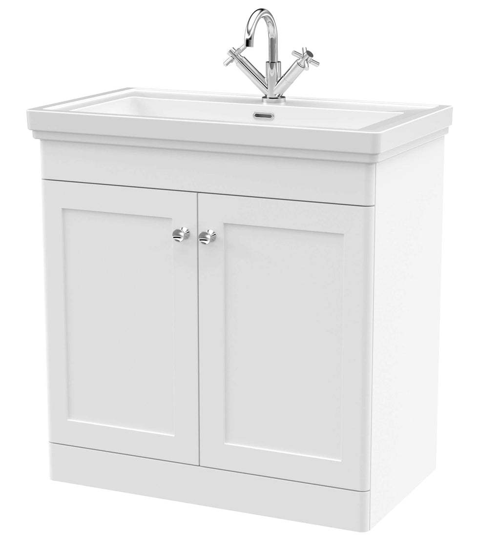 Modern white bathroom vanity with integrated sink and chrome tap for stylish bathroom renovation. Perfect for contemporary bathroom designs and easy installation.