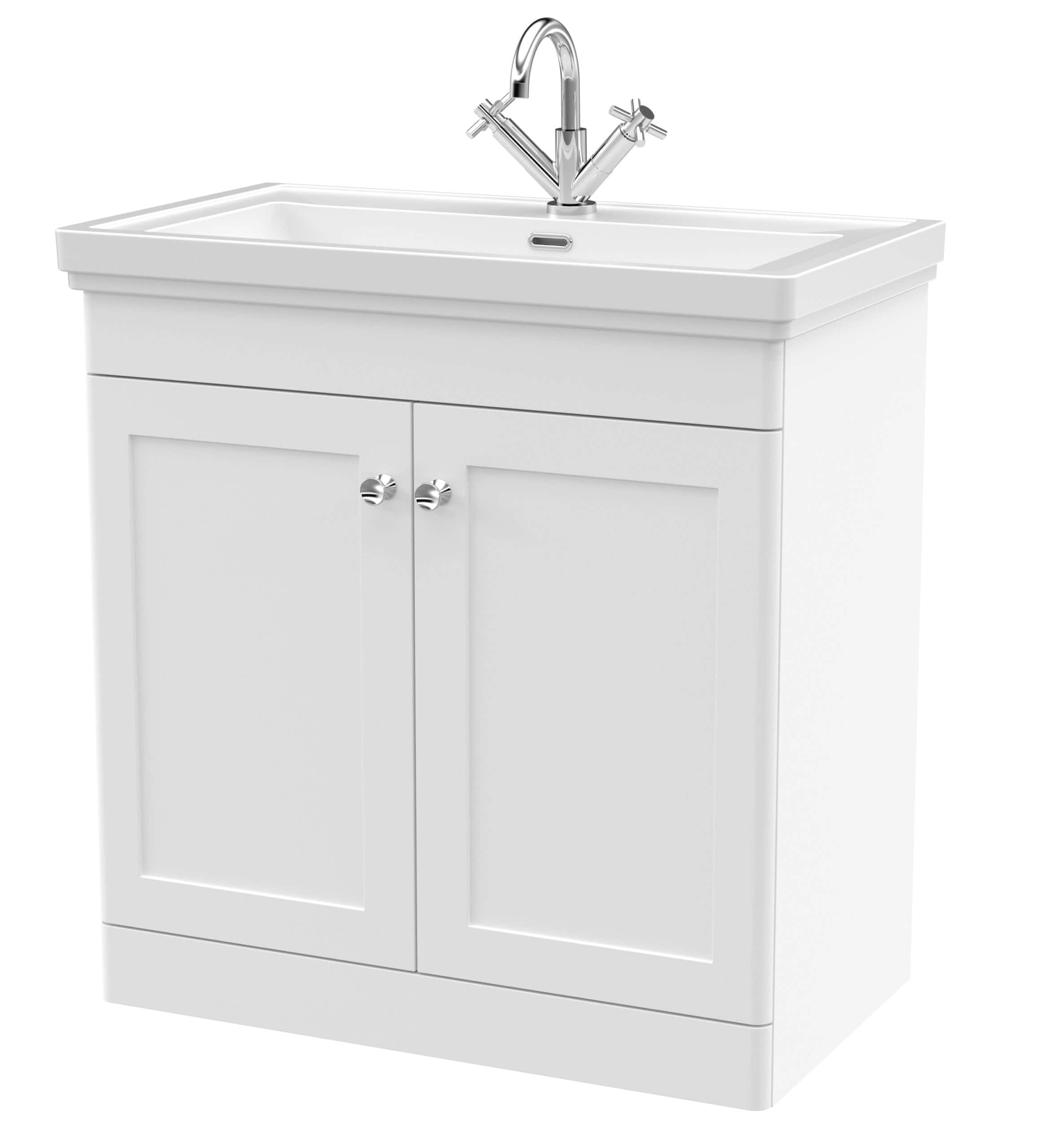 Modern white bathroom vanity with integrated sink and chrome tap for stylish bathroom renovation. Perfect for contemporary bathroom designs and easy installation.