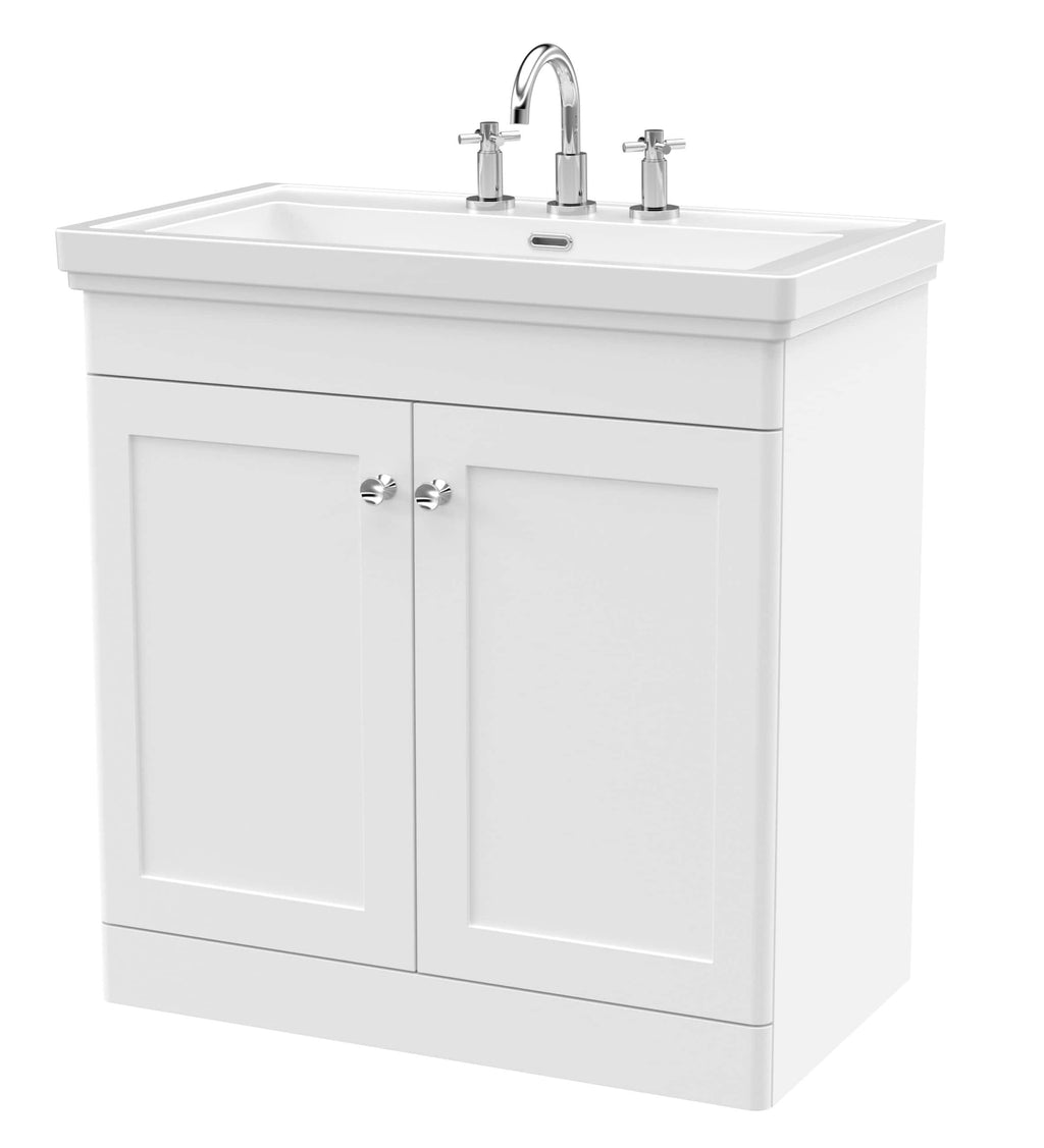 Sleek white bathroom vanity with ceramic sink and chrome taps, ideal for modern bathroom cabinetry and washbasin fixtures.